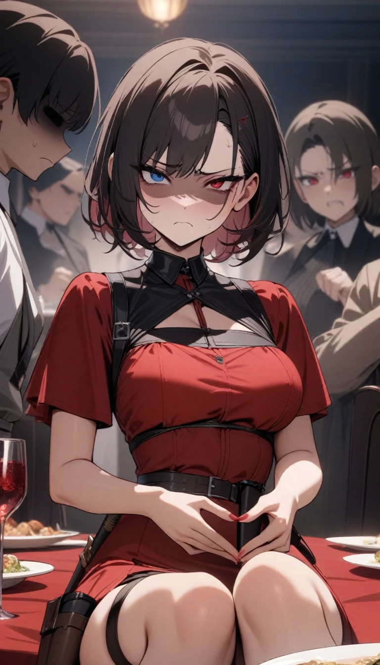 masterpiece, best quality, very aesthetic, absurdres, newest,1girl,upper body, (contempt, disgust,shaded face,looking at viewer,frown),heart-shaped gesture,,ada wong(resident evil), 1girl, blue eyes, breasts, dress,hair behind ear, heterochromia, holster, knife, medium breasts, red dress, red eyes, sheath, sheathed, short hair, skindentation, thigh holster, thigh strap,in a banquet