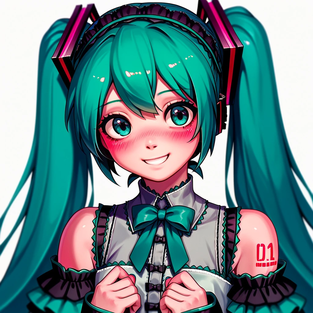 1girl. cutestyl3, cute, Hatsune miku, Gothic clothing, Lolita, halfbody, smile, blush, portrait ,hand on ches