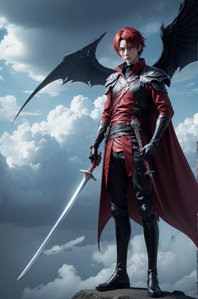 A red-eyed man anime character with wings, and a sword, standing, and with a cloudy sky 