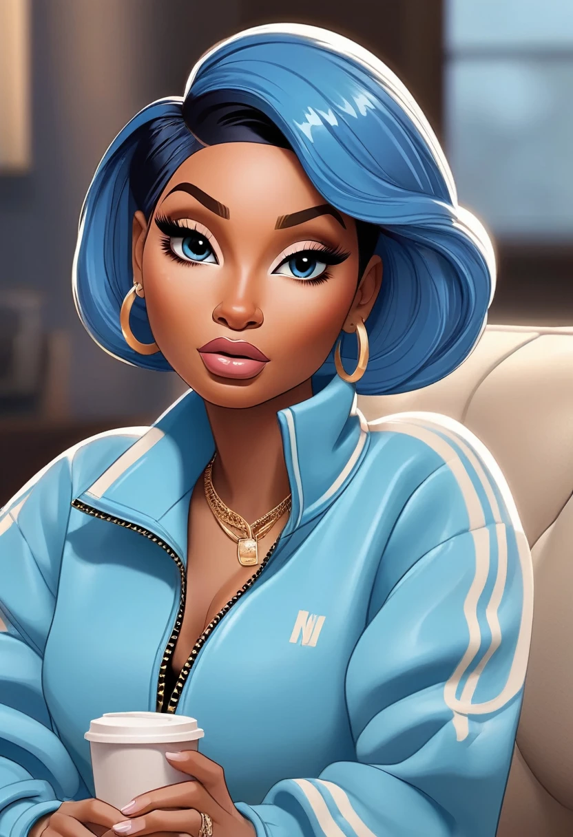 Singer Nicki Minaj body with curves fashionable short hair blue color costume sweatshirt sport in luxury house watching netflix Painting vector art,cartoon with details.