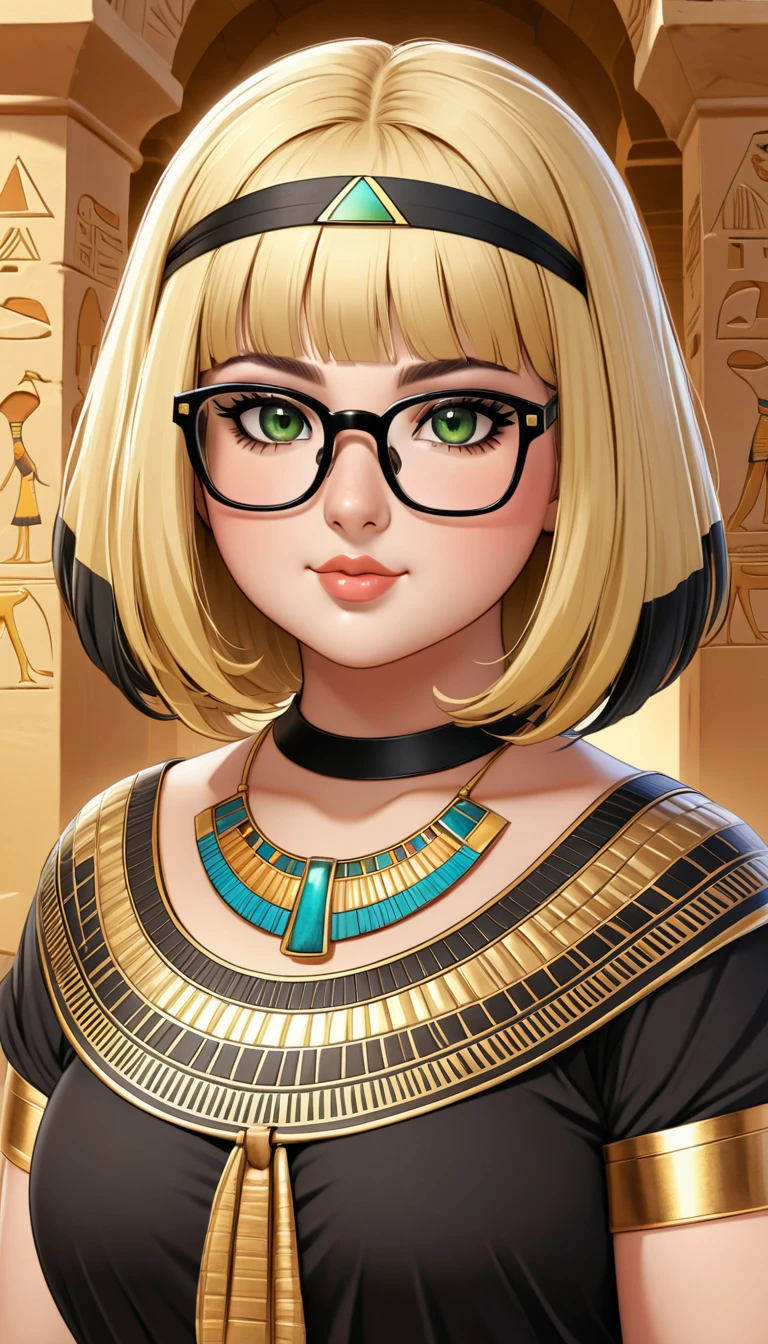 chubby girl, blonde, medium length hair,открытый лоб, без чёлки, green eyes, black glasses with square frames Egypt, ancient Egypt, clothes of ancient Egypt