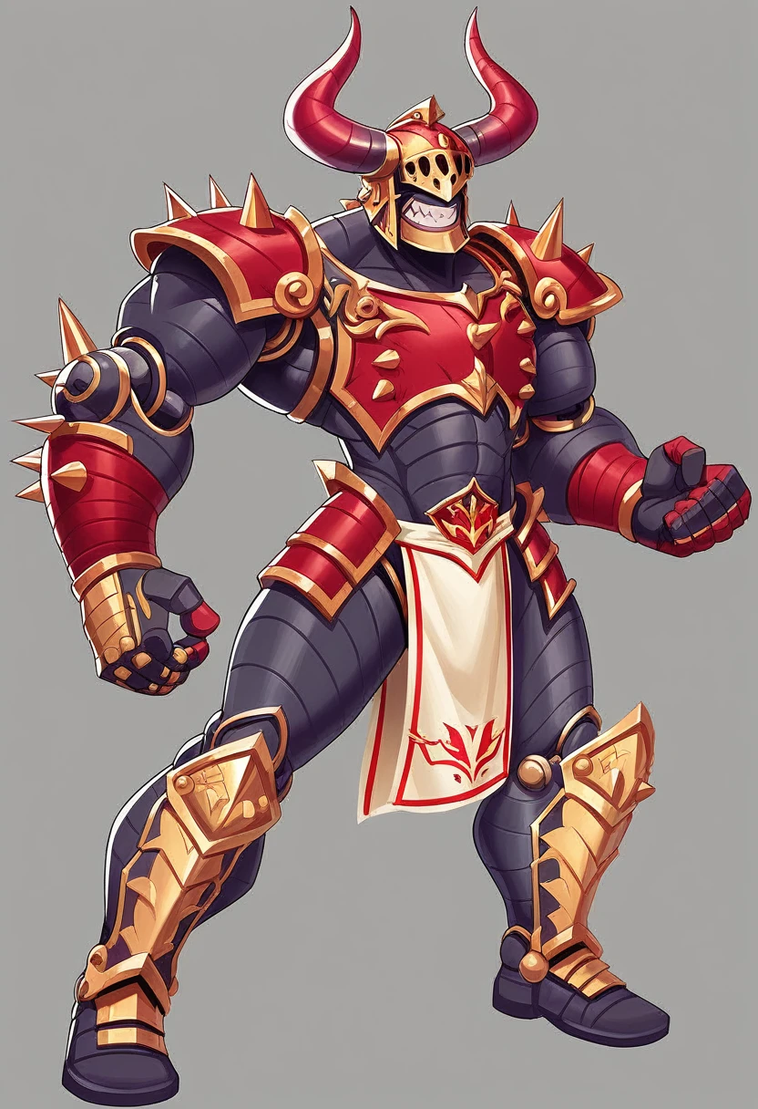 Create an image of a formidable fantasy warrior dressed in elaborate and menacing armor. The armor is primarily metallic silver and gray with red and gold accents, featuring intricate designs and textures. The warrior's helmet is designed to resemble a demonic face with sharp horns and a wicked grin, giving it a terrifying and sinister appearance. The shoulder pads are spiked and reinforced, adding to the character's intimidating look. The chest armor is detailed with a red emblem and protective plates. The character wears a white cloth apron with gold trim over the armor, which adds an element of ceremonial or traditional attire. The arm and leg armor is segmented, showcasing mechanical joints and additional protection. The warrior stands in a powerful stance, holding a long, spiked weapon in one hand. The background is black to emphasize the warrior's details and create a dramatic and intense atmosphere.