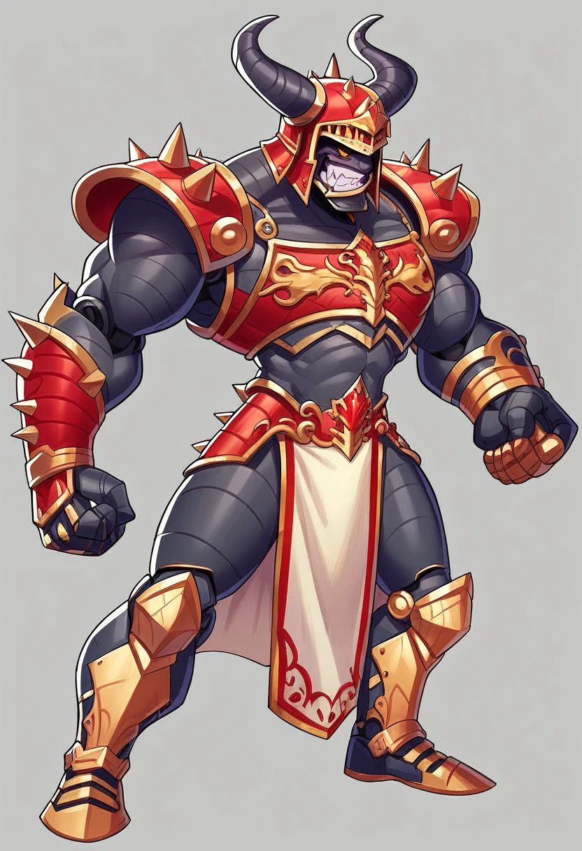 Create an image of a formidable fantasy warrior dressed in elaborate and menacing armor. The armor is primarily metallic silver and gray with red and gold accents, featuring intricate designs and textures. The warrior's helmet is designed to resemble a demonic face with sharp horns and a wicked grin, giving it a terrifying and sinister appearance. The shoulder pads are spiked and reinforced, adding to the character's intimidating look. The chest armor is detailed with a red emblem and protective plates. The character wears a white cloth apron with gold trim over the armor, which adds an element of ceremonial or traditional attire. The arm and leg armor is segmented, showcasing mechanical joints and additional protection. The warrior stands in a powerful stance, holding a long, spiked weapon in one hand. The background is black to emphasize the warrior's details and create a dramatic and intense atmosphere.