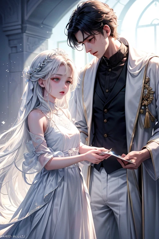 name: "Divine Unity"
Material: digital illustration Size: 80x120 cm Idea: This anime art depicts a divine couple, embodying contrasts and harmony. Cold girl with long silver hair, that sparkle in the light, standing in a flowing blue and white dress. Her clothes resemble gentle waves and ice, emphasizing her cold and mysterious nature. Her eyes glow with wisdom and inaccessibility, and in her pose one feels lightness and grace.
Her partner is standing next to her, dark strong man with short black hair. He is dressed in scarlet and black flowing clothes, which symbolizes passion and strength. His gaze is firm and penetrating, radiating confidence and determination. His clothes flow smoothly, creating the effect of movement and energy.
The background can be made in harmonious contrasts: cold on one side, icy tones, on the other hand - warm, fiery shades. In the center of the composition, the figures of the couple create an impression of unity and balance., personifying the harmony of opposites. Lighting effects and shadow play add depth and magic to the image., emphasizing the divinity and greatness of this couple.