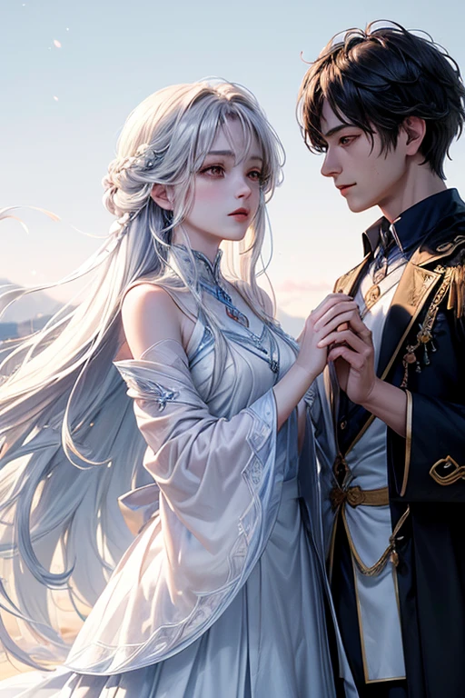name: "Divine Unity"
Material: digital illustration Size: 80x120 cm Idea: This anime art depicts a divine couple, embodying contrasts and harmony. Cold girl with long silver hair, that sparkle in the light, standing in a flowing blue and white dress. Her clothes resemble gentle waves and ice, emphasizing her cold and mysterious nature. Her eyes glow with wisdom and inaccessibility, and in her pose one feels lightness and grace.

Her partner is standing next to her, dark strong man with short black hair. He is dressed in scarlet and black flowing clothes, which symbolizes passion and strength. His gaze is firm and penetrating, radiating confidence and determination. His clothes flow smoothly, creating the effect of movement and energy.

The background can be made in harmonious contrasts: cold on one side, icy tones, on the other hand - warm, fiery shades. In the center of the composition, the figures of the couple create an impression of unity and balance., personifying the harmony of opposites. Lighting effects and shadow play add depth and magic to the image., emphasizing the divinity and greatness of this couple.