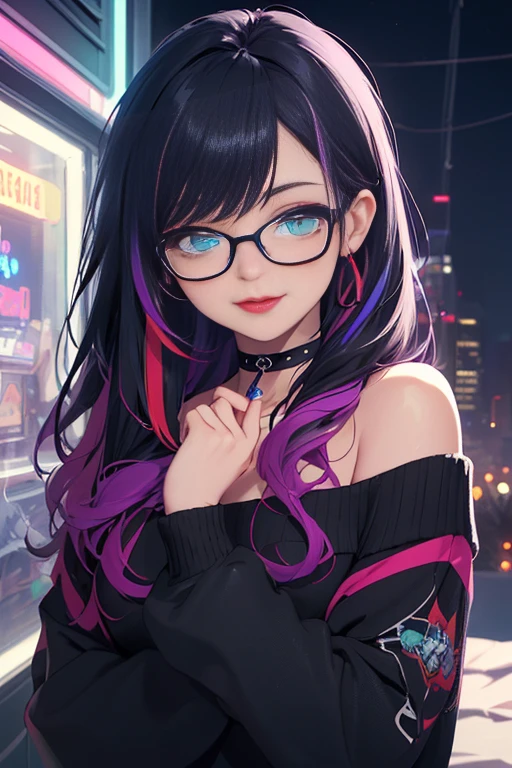 (Best quality, Ultra detailed, Masterpiece:1.5), perfect face, female, gamer girl, aqua eyes, cherry-red lips, light smile, long black hair, purple streaked hair, purple highlights, bangs, ribbon, choker, nerdy glasses, sleeves past fingers, black off-shoulder sweater, gamer girl's bedroom, nighttime, neon lights, colorful lights