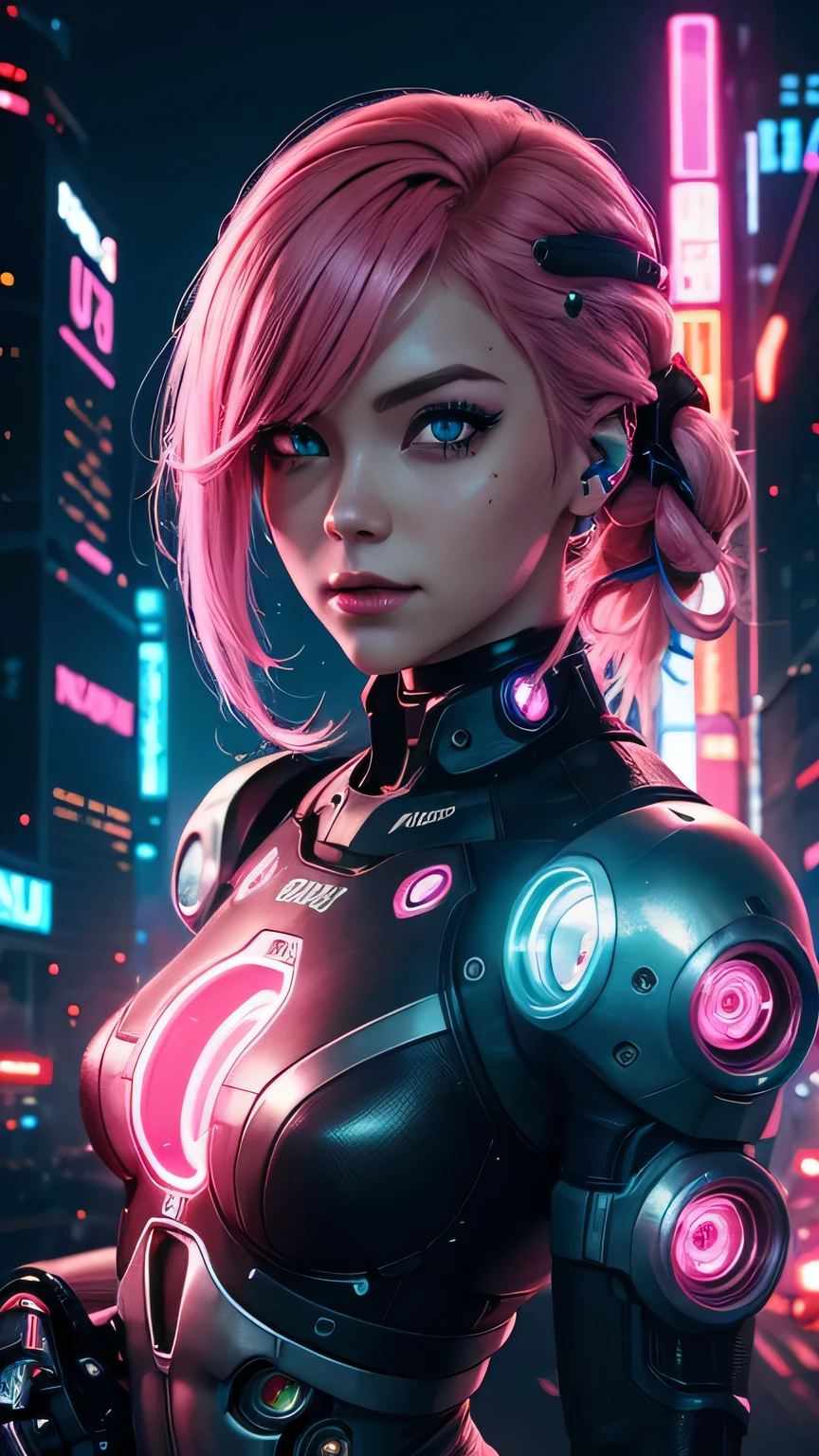 cyborg girl, robot hand, beautiful eyes, cyberpunk city background, neon light, pink hair, masterpiece, ultra high details