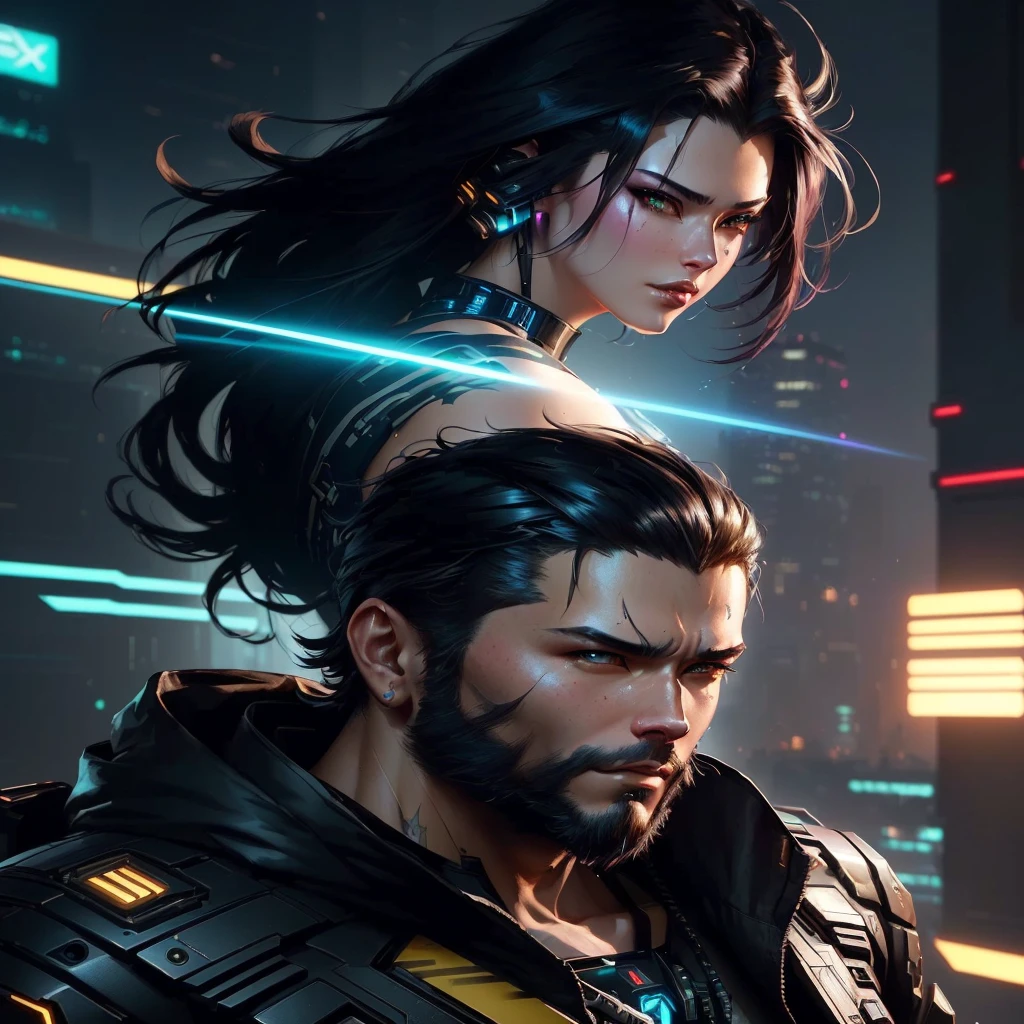 a man and woman in cyber cyber cyber cyber cyber cyber cyber cyber cyber cyber cyber cyber cyber cyber cyber cyber, cyberpunk 2077 rossdraws, artgerm and genzoman, artgerm and craig mullins, Cyberpunk art style, alena aenami and android jones, cyberpunk themed art, ross tran and bayard wu