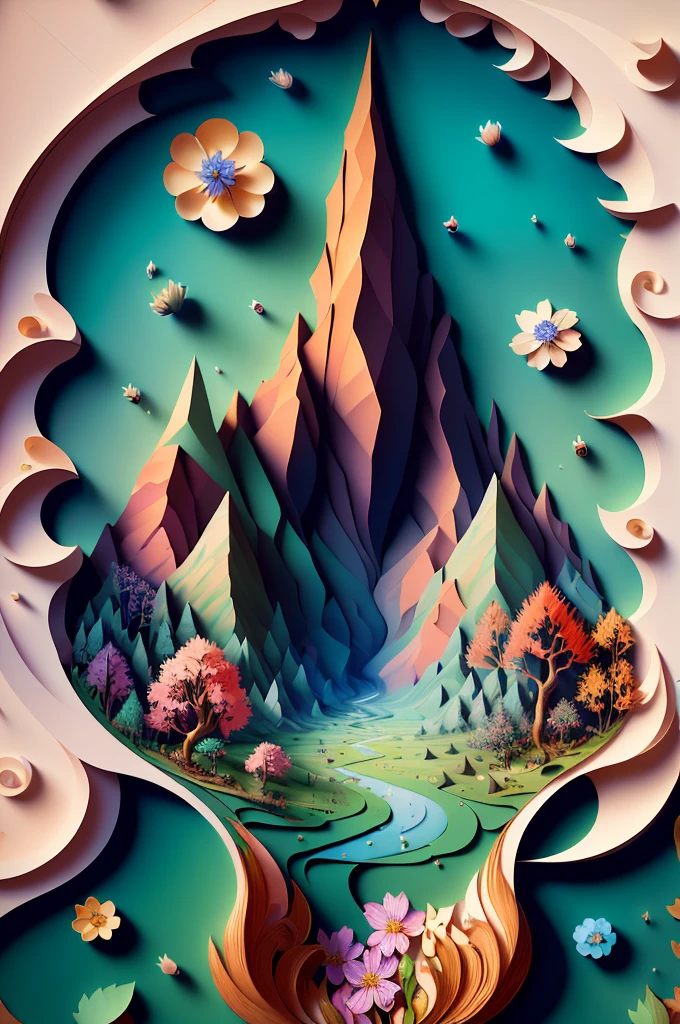 (masterpiece),(best quality), illustration, (fantasy:1.4), scenery, no human, Surrealism, drop shadow, anaglyph, stereogram, atmospheric perspective, 8k, super detail, accurate, best quality, UHD, a tree, (flowers:1.1) , paper_cut