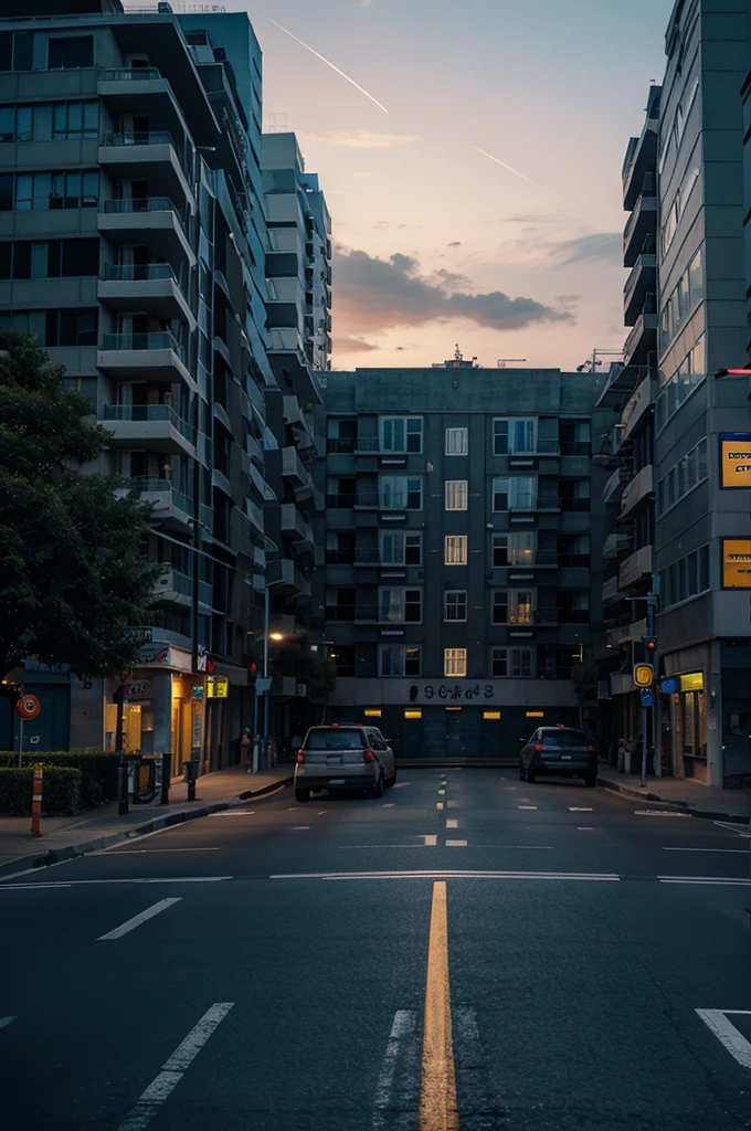 2 lane road, night, buildings on both sides
