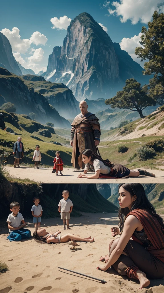 a woman lying on the ground surrounded by little people,little people walking on her lap, Gulliver's Travels, Gulliver's Travels, maurizio cattelan, detailed conceptual photography, sports creative image composition, surreal object photography, by Storm Thorgerson, surreal nightmare scene, miniature photography, film stills from God of War, by Leandro Erlich, terry gilliam, little people!! !, manipulation.fan bing.