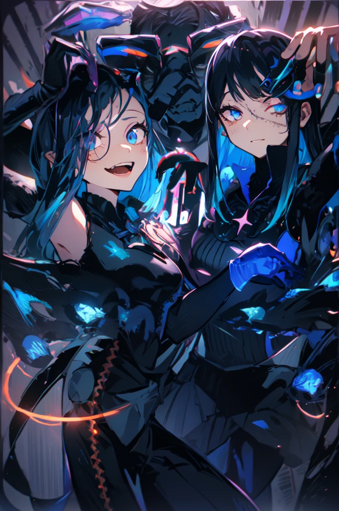 Beautiful hands, Beautiful dresasterpiece, (best quality:1.2), intricate details, ado, 1girl, multicolored hair, long hair, collared shirt, jacket, bangs, long sleeves, blue flower, (mature female:1.2), Ado, (dark blue hair, light blue inner), extra long hair, straight hair, blue eyes, slanted eyes, white inner shirt, (long black jacket, long black pants), (masterpiece, best quality:1.2), intricate details, ado, 1girl, multicolored hair, long hair, collared shirt, bangs, long sleeves, blue flower, (mature female:1.2), Stars and comets pass by in the open sky, Beautiful Clouds, A tree with glowing fireflies and butterflies々, (Ultra-realistic), {Highly detailed CG unit 8k wallpaper}, Vast landscape photography, (View from below with a panoramic view of the sky, vast open field vision), (Low angle shot), (Light: 1.5), (warm Light source: 1.2), Intricate details, (Rainbow colors: 1.2), (bright Lighting), (atimospheric Lighting), dream-like, Magic, fairy tale