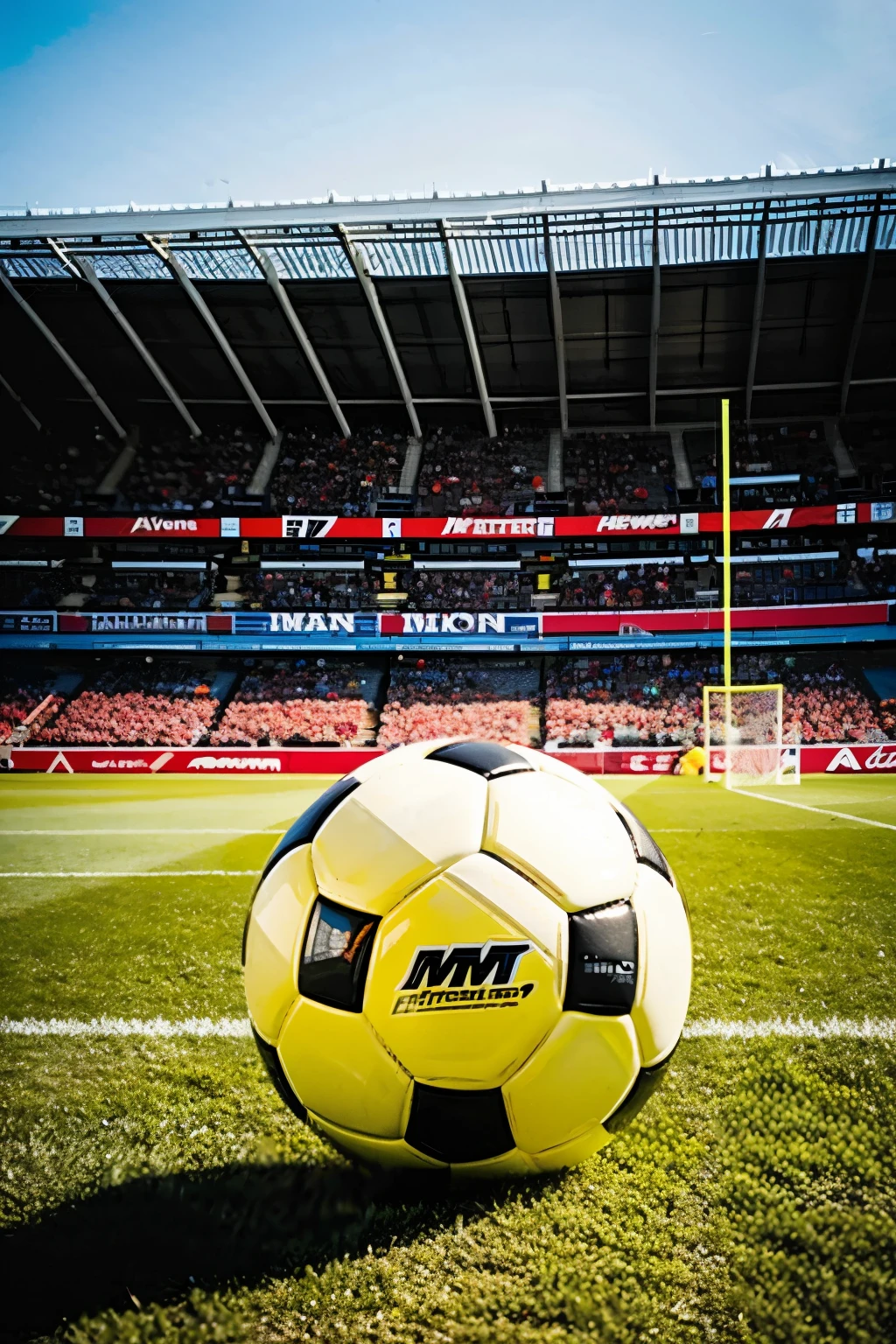 soccer ball that has fire AND has THE LETTER m ( M ) on one side of the ball , and he is entering a soccer goal





 
 
