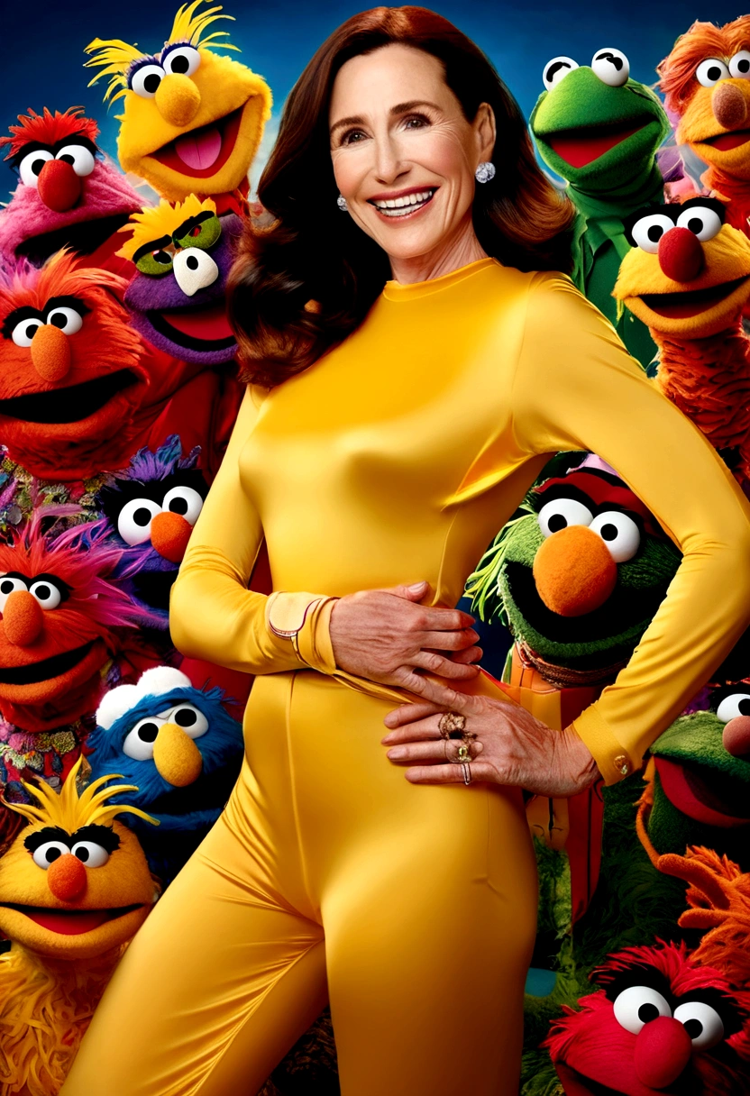 a woman Mimi Rogers (30yo) in a sexy sheer yellow bodysuit, tape over nipples, laughing and playing with muppets on sesame street, ultra detailed, 8k, photorealistic, beautiful detailed eyes, beautiful detailed lips, extremely detailed face, long eyelashes, intricate details, vivid colors, professional lighting, seamless composition, dynamic pose, whimsical, vibrant, photorealistic, cinematic lighting