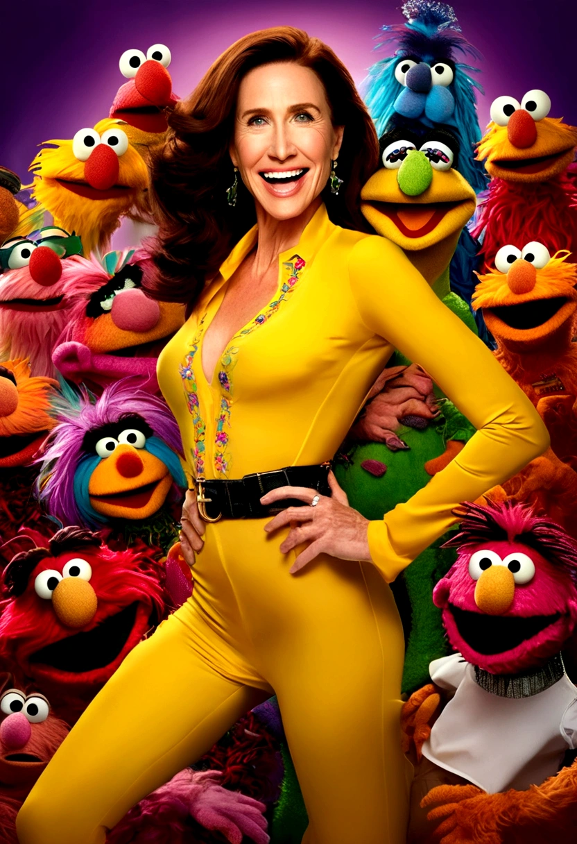 a woman Mimi Rogers (30yo) in a sexy sheer yellow bodysuit, tape over nipples, laughing and playing with muppets on sesame street, ultra detailed, 8k, photorealistic, beautiful detailed eyes, beautiful detailed lips, extremely detailed face, long eyelashes, intricate details, vivid colors, professional lighting, seamless composition, dynamic pose, whimsical, vibrant, photorealistic, cinematic lighting
