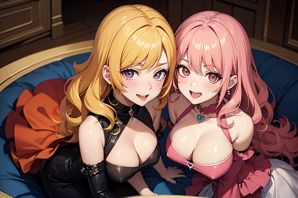 two sexy bubbly and cheerful women in goth outfits, short, vibrant curly orange hair with highlights of pink, kissing  boy with blonde hair, flirtatious smiles, looking at camera, view from above