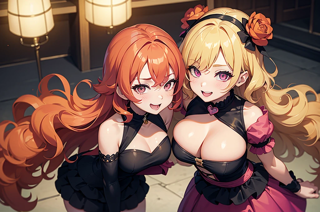 two sexy bubbly and cheerful women in goth outfits, short, vibrant curly orange hair with highlights of pink, kissing boy with blonde hair, flirtatious smiles, looking at camera, view from above