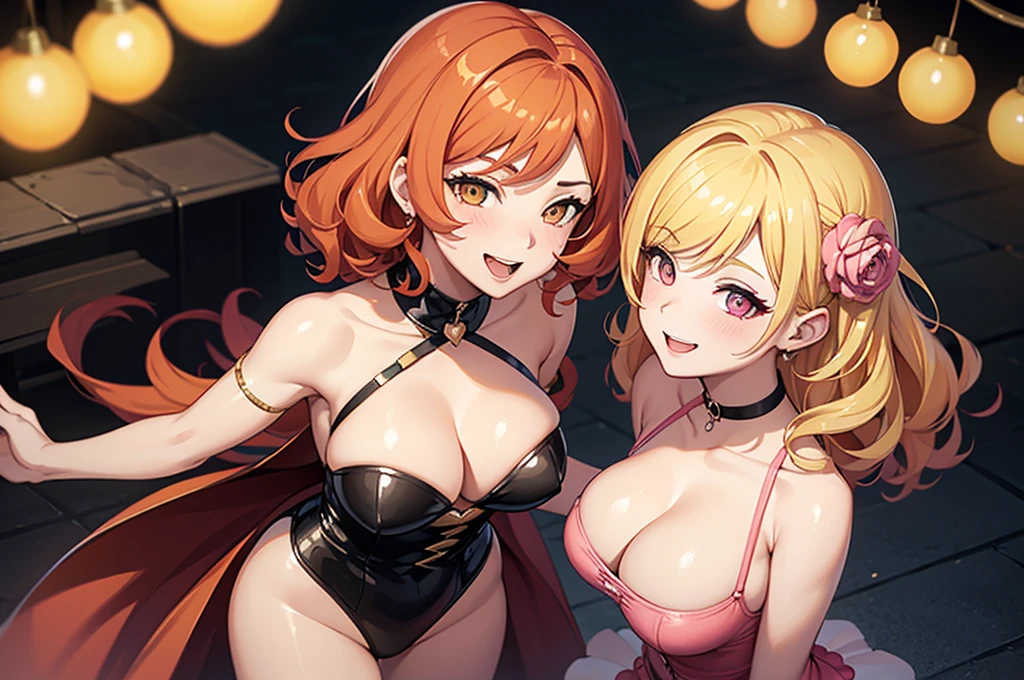 two sexy bubbly and cheerful women in goth outfits, short, vibrant curly orange hair with highlights of pink, kissing boy with blonde hair, flirtatious smiles, looking at camera, view from above