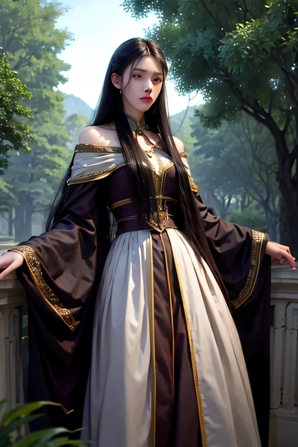 Create a tall and charming person、have big eyes、Tall nose、1000 year old female vampire character with straight black hair and fair skin,She is wearing aristocratic clothes,Living in an old castle,Live in a world full of mysterious atmosphere in small towns and on the edge of forests。