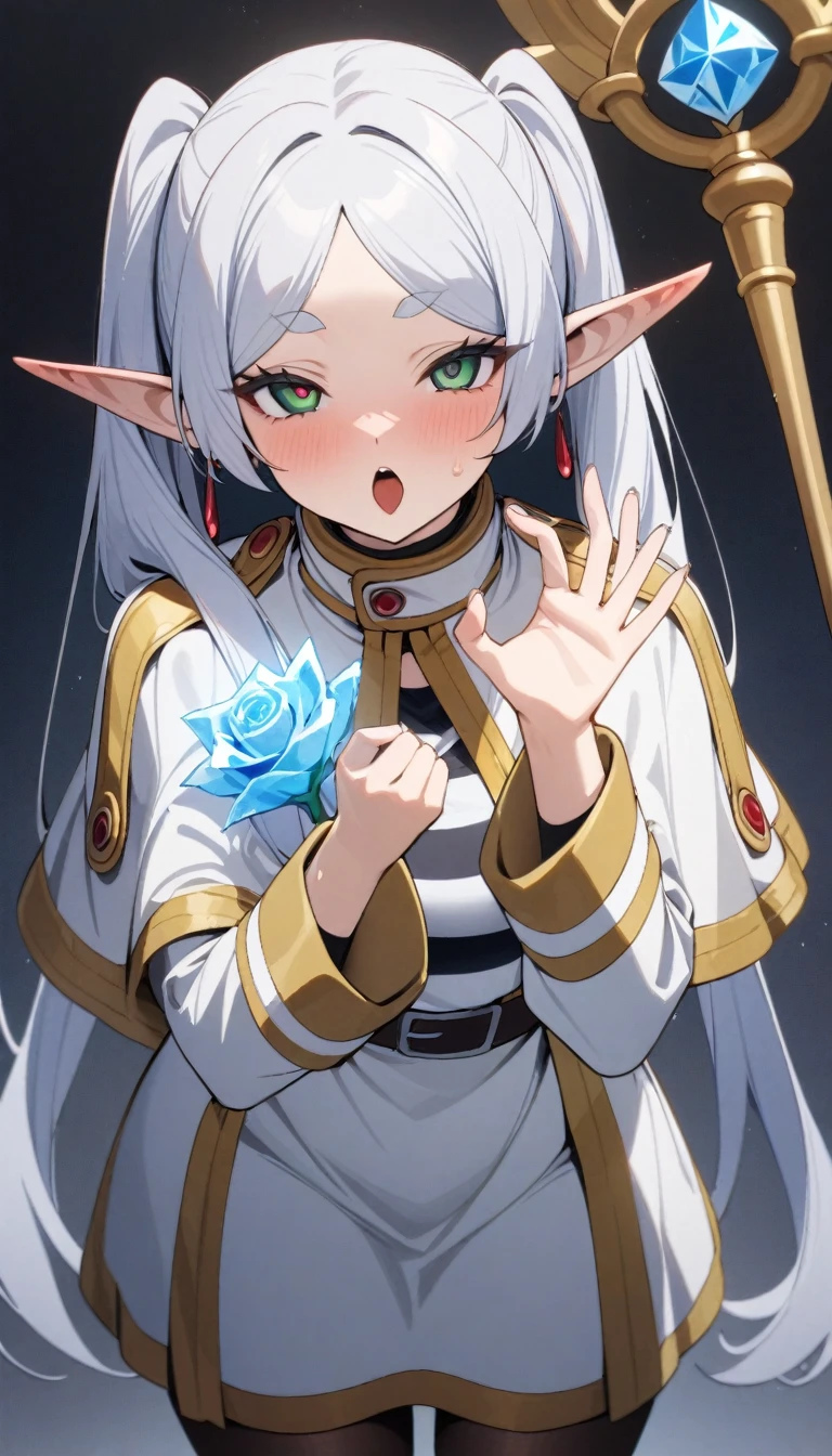 masterpiece, best quality, very aesthetic, absurdres, newest,1girl,upper body,,open_mouth,fellatio_gesture,FellatioGesture,heart-shaped eyes,,frieren,sousou_no_frieren,capelet, dangle_earrings, drop_earrings, earrings, elf, green_eyes, grey_hair,jewelry, long_hair, long_sleeves,pantyhose, parted_bangs, pointy_ears, shirt, sky, solo, staff, striped_clothes, striped_shirt, twintails, white_capelet, white_hair,,rose,dark_background, flower, ice_flower, icicle,