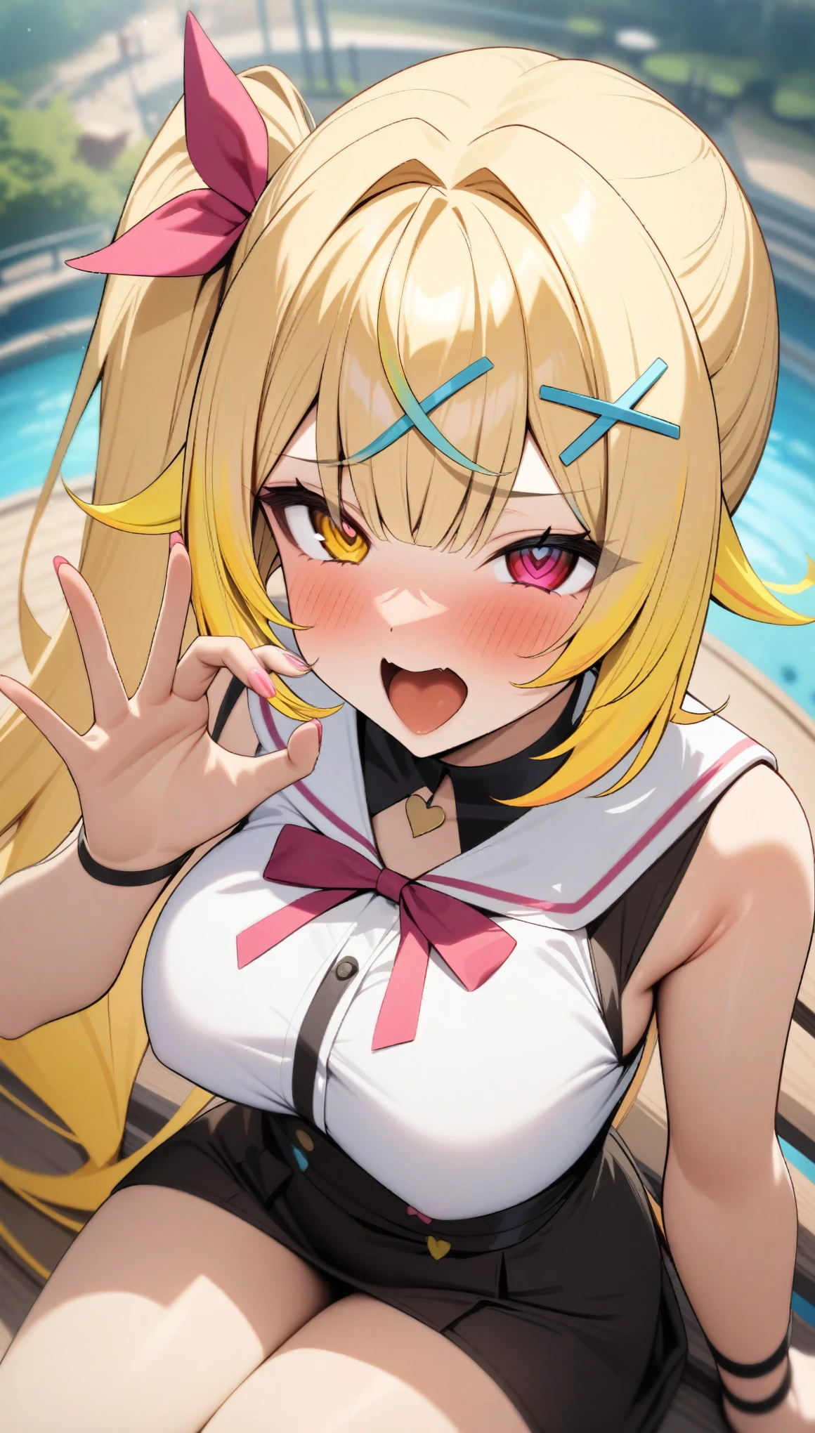 masterpiece, best quality, very aesthetic, absurdres, newest,open_mouth,fellatio_gesture,FellatioGesture,heart-shaped eyes,upper body,,1girl, hoshikawa sara, nijisanji, virtual youtuber, blonde hair, long hair, breasts, hair ornament, heterochromia, red eyes, side ponytail, ribbon, x hair ornament
,from above,in an amusement_park