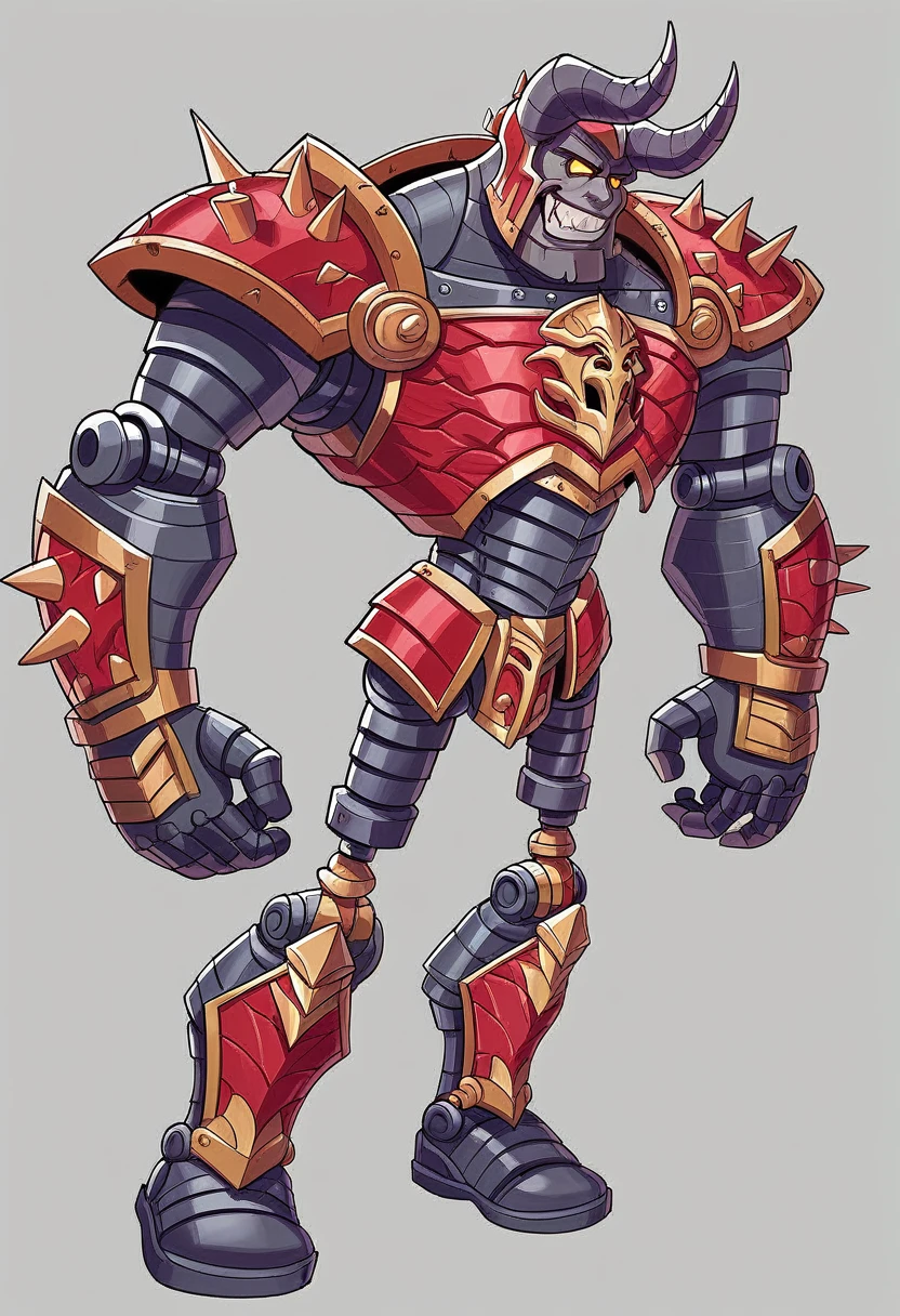 Create an image of a fearsome fantasy warrior in elaborate armor that combines elements of both traditional and demonic designs. The character's armor is primarily metallic silver and gray, with black, red, and gold accents. The helmet is shaped like a demonic face, featuring sharp horns, a twisted grin, and intricate details that evoke a sense of terror. The left shoulder pad is spiked and reinforced, with metallic plating, while the right shoulder is armored with organic, red, and scaly textures, appearing almost monstrous. The chest armor is segmented with intricate designs, and a detailed emblem is present on the left side of the chest. The warrior's legs are covered in black and silver armor with mechanical joints, adding to the imposing and intimidating look. The character stands in a powerful stance with its arms slightly spread, ready for combat. The background is black to highlight the details of the armor and enhance the dramatic and menacing atmosphere.