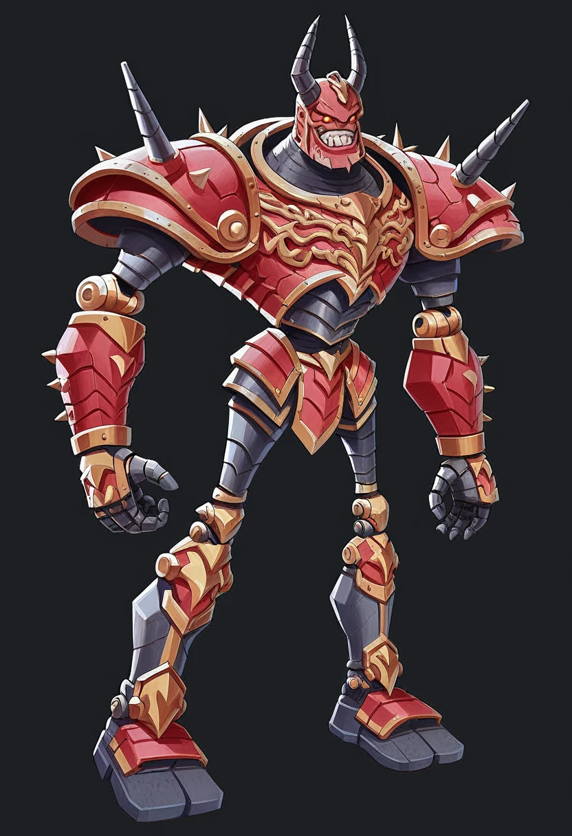 Create an image of a fearsome fantasy warrior in elaborate armor that combines elements of both traditional and demonic designs. The character's armor is primarily metallic silver and gray, with black, red, and gold accents. The helmet is shaped like a demonic face, featuring sharp horns, a twisted grin, and intricate details that evoke a sense of terror. The left shoulder pad is spiked and reinforced, with metallic plating, while the right shoulder is armored with organic, red, and scaly textures, appearing almost monstrous. The chest armor is segmented with intricate designs, and a detailed emblem is present on the left side of the chest. The warrior's legs are covered in black and silver armor with mechanical joints, adding to the imposing and intimidating look. The character stands in a powerful stance with its arms slightly spread, ready for combat. The background is black to highlight the details of the armor and enhance the dramatic and menacing atmosphere.