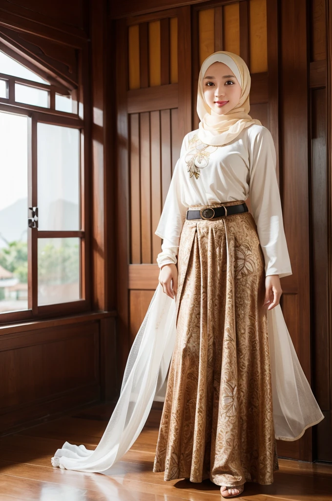 (((Beautiful girl wearing a hijab))),((traditional Javanese clothes)),(radiant face), BREAK, ((wearing hijab, brown hijab, floral motif)),((wearing white shirt, long sleeves)),((wearing sarong skirt, batik motif, brown color, long skirt, belt)), BREAK, (Background),((inside the house, in front of the window)),(Chinese style building),(beach),(realistic) BREAK,