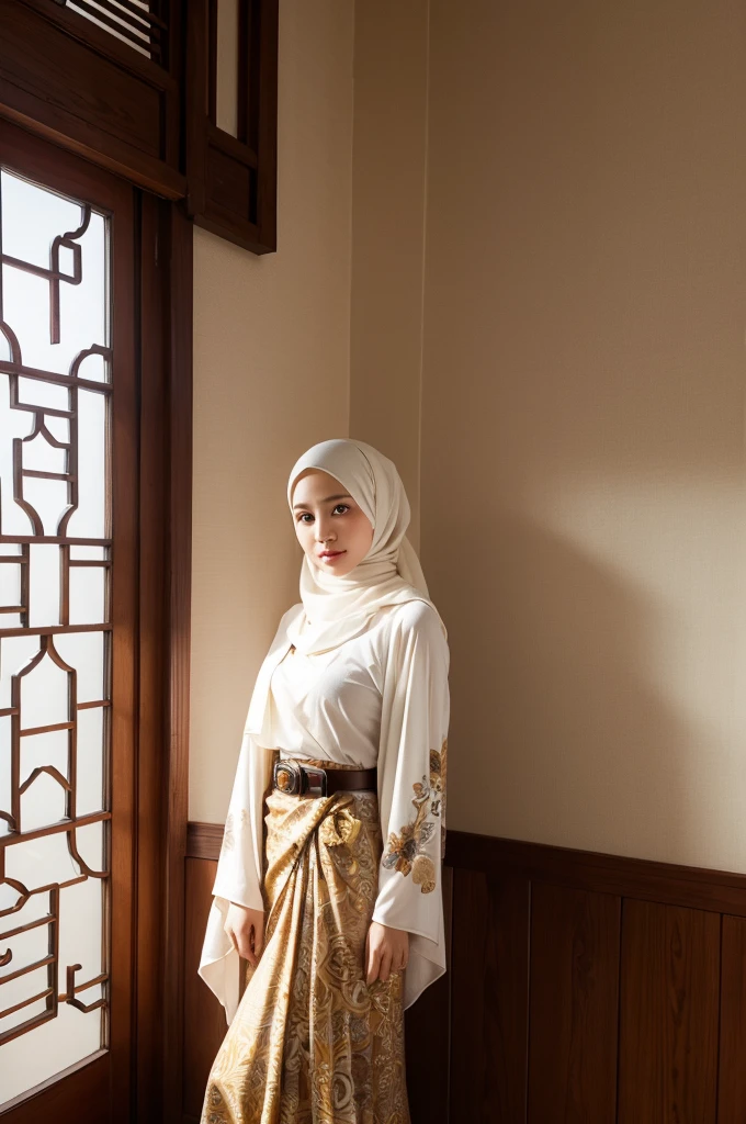 (((Beautiful girl wearing a hijab))),((traditional Javanese clothes)),(radiant face), BREAK, ((wearing hijab, brown hijab, floral motif)),((wearing white shirt, long sleeves)),((wearing sarong skirt, batik motif, brown color, long skirt, belt)), BREAK, (Background),((inside the house, in front of the window)),(Chinese style building),(beach),(realistic) BREAK,