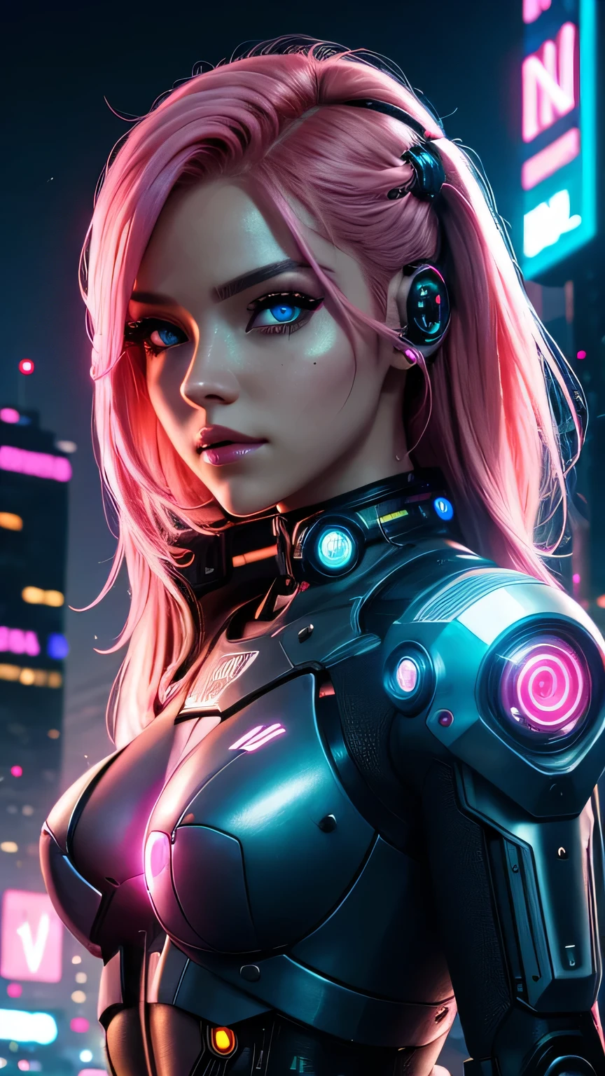 cyborg girl, robot hand, beautiful eyes, cyberpunk city background, neon light, pink hair, masterpiece, ultra high details