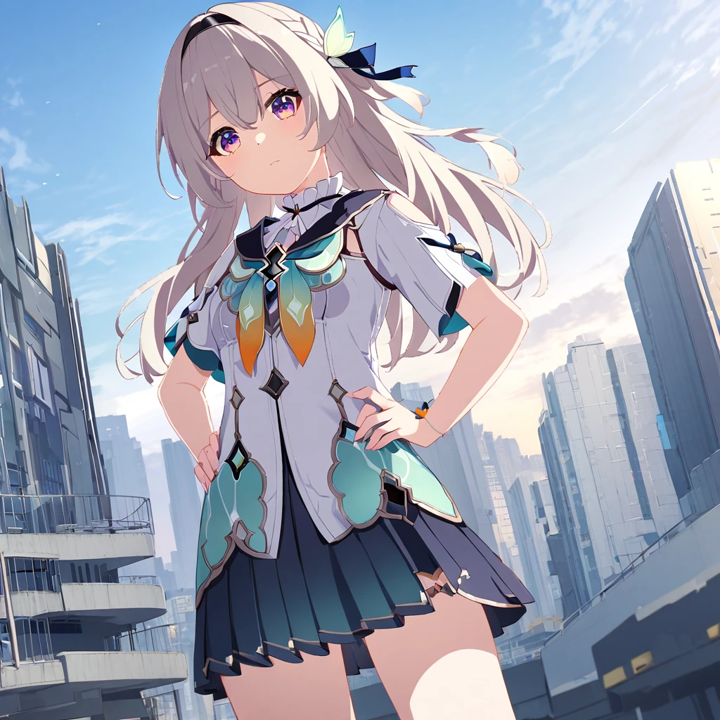 firefly \(honkai: star rail\),1 Girl, Solitary, 1 Girl, Solitary,  Long hair,  sweater, Short sleeve, Pleated Skirt, permanent, Hands on hips, Shorten the trouser legs, Cowboy shooting,, 蓝sky, sky, outdoor, Modern Architecture, city View,