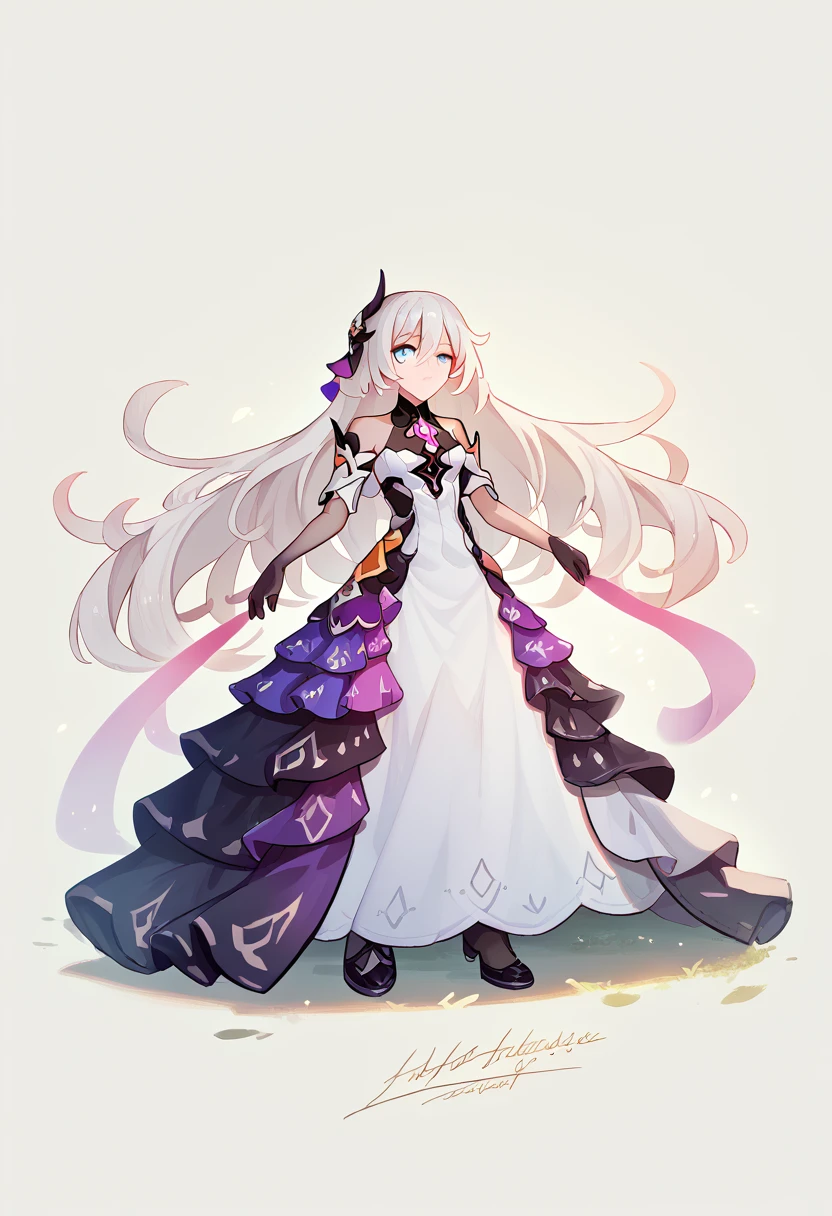 (best quality,8k,highres,masterpiece:1.2),ultra-detailed,(anime),extremely detailed facial features,beautiful detailed eyes,beautiful detailed lips,soft lighting,fantasy landscape,vivid colors,flowing dress,long white hair,blue eyes,1girl,Herrscher of Finality,Kiana \ (Honkai Impact 3),solo, zoom out, full body