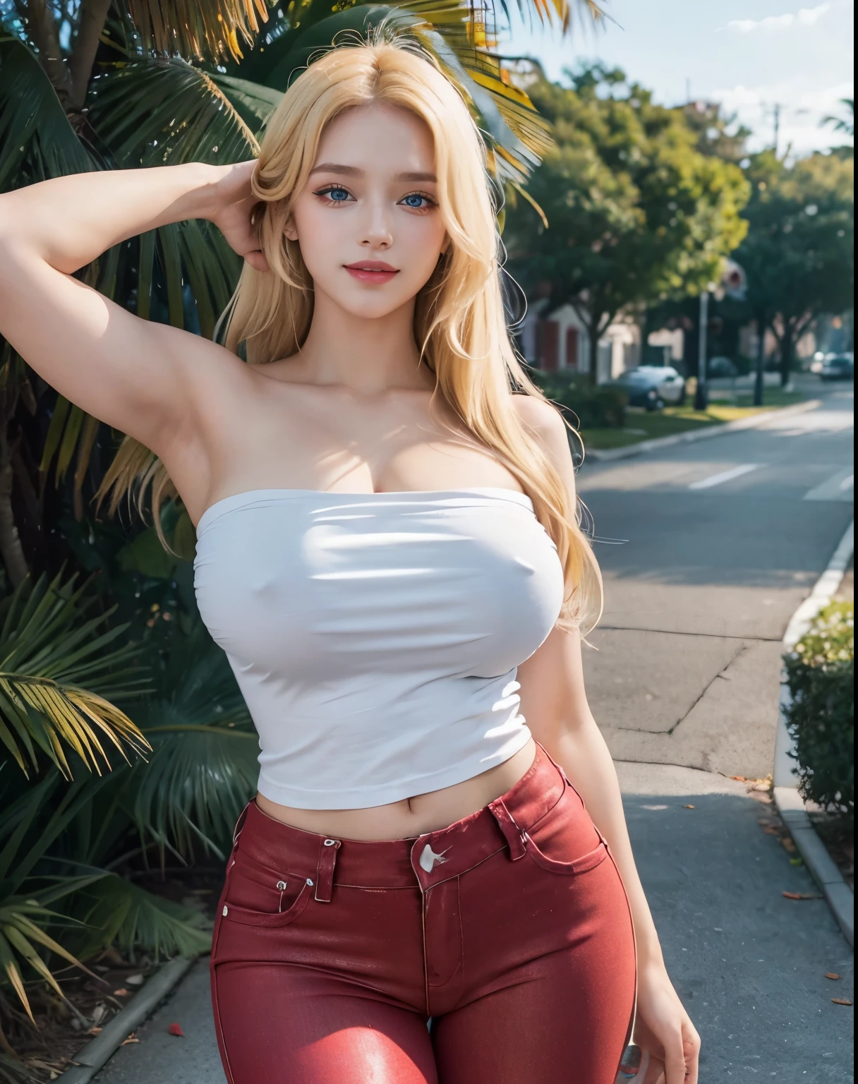 1girl, (Blue Eyes), (smiling :1.2), (beautiful makeup :1.2), (big tits :1.1), big ass, wide hips, (Best Quality, 8k, Masterpiece: 1.3), Clear Focus: 1.2, Perfect Body Beauty: 1.4, Highly detailed face and skin texture, detailed eyes, double eyelids, (shiny skin :1.2), (blonde long straight hair :1.3), (white strapless t-shirt :1.3), (bare shoulders), (red jeans shorts :1.2), standing, (standing), dynamic pose, in an upper class residential neighborhood, trees on the sides, blurred background