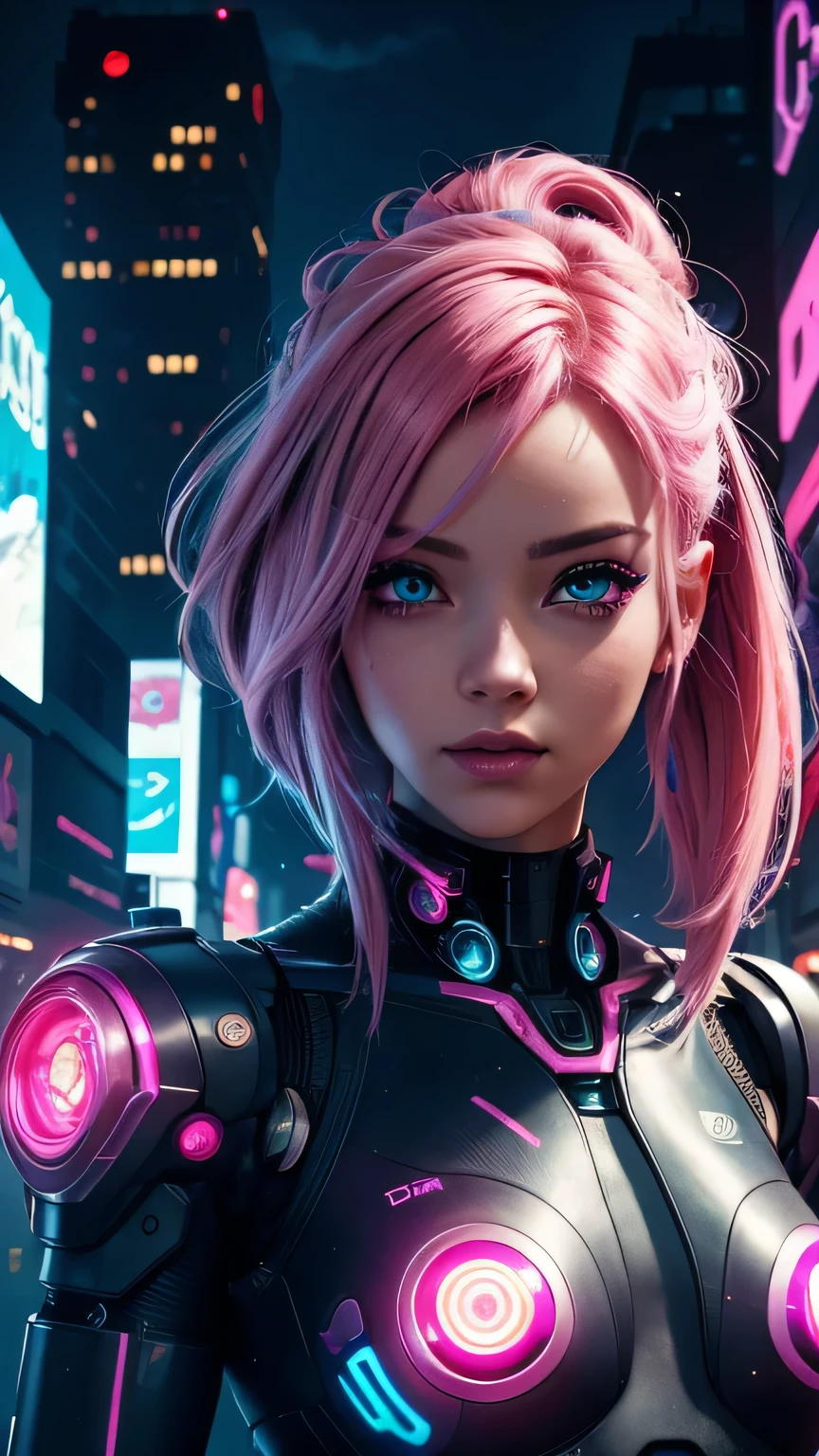 cyborg girl, robot hand, beautiful eyes, cyberpunk city background, neon light, pink hair, masterpiece, ultra high details