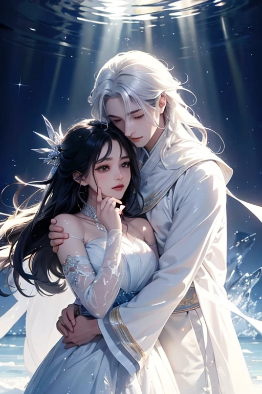 name: "Divine Unity"
Material: digital illustration Size: 80x120 cm Idea: This anime art depicts a divine couple, embodying contrasts and harmony. Cold girl with long silver hair, that sparkle in the light, standing in a flowing blue and white dress. Her clothes resemble gentle waves and ice, emphasizing her cold and mysterious nature. Her eyes glow with wisdom and inaccessibility, and in her pose one feels lightness and grace.
Her partner is standing next to her, dark strong man with short black hair. He is dressed in scarlet and black flowing clothes, which symbolizes passion and strength. His gaze is firm and penetrating, radiating confidence and determination. His clothes flow smoothly, creating the effect of movement and energy.
The background can be made in harmonious contrasts: cold on one side, icy tones, on the other hand - warm, fiery shades. In the center of the composition, the figures of the couple create an impression of unity and balance., personifying the harmony of opposites. Lighting effects and shadow play add depth and magic to the image., emphasizing the divinity and greatness of this couple.