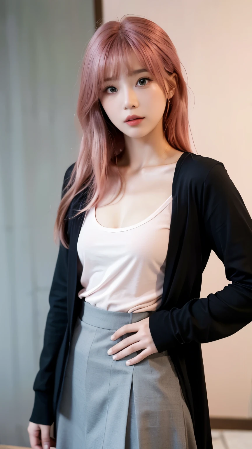 ((best quality)), ((masterpiece)), (detailed), 1 Girl, Sexy,((Pink Hair)),Long hair,Side-parted long bangs,,Blue Eyes,Wearing a grey suit,Hip skirt,Black long sleeve,Black long sleeve靴。