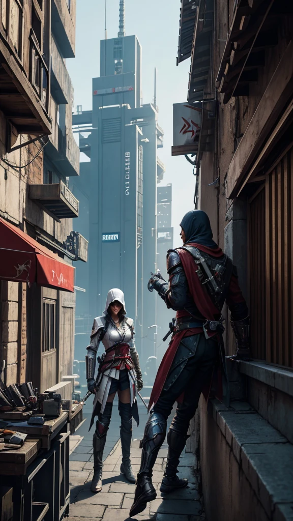Two Cyberpunk Assassin's Creed Holding a sword, Climb on the rafters on the wall on the restaurant street on a modern street. Robots work everywhere. Modern weapons. Modern red suit. Electronic city. Modern weapons. White suit. Hold the blade.Metal robot arm.
Hold gun.
