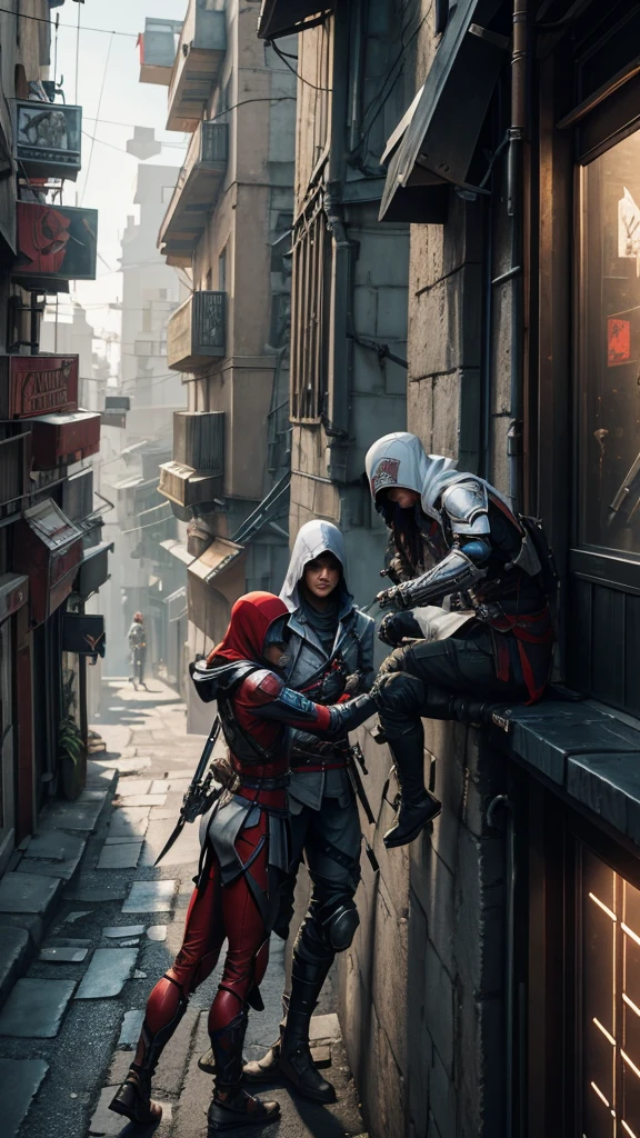 Two Cyberpunk Assassin's Creed Holding a sword, Climb on the rafters on the wall on the restaurant street on a modern street. Robots work everywhere. Modern weapons. Modern red suit. Electronic city. Modern weapons. White suit. Hold the blade.Metal robot arm.
Hold gun.
