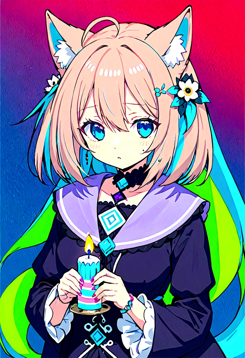 Wolf girl with ears, a fluffy and furry wolf tail, blue eyes, purple hair, holding a glowing purple candle