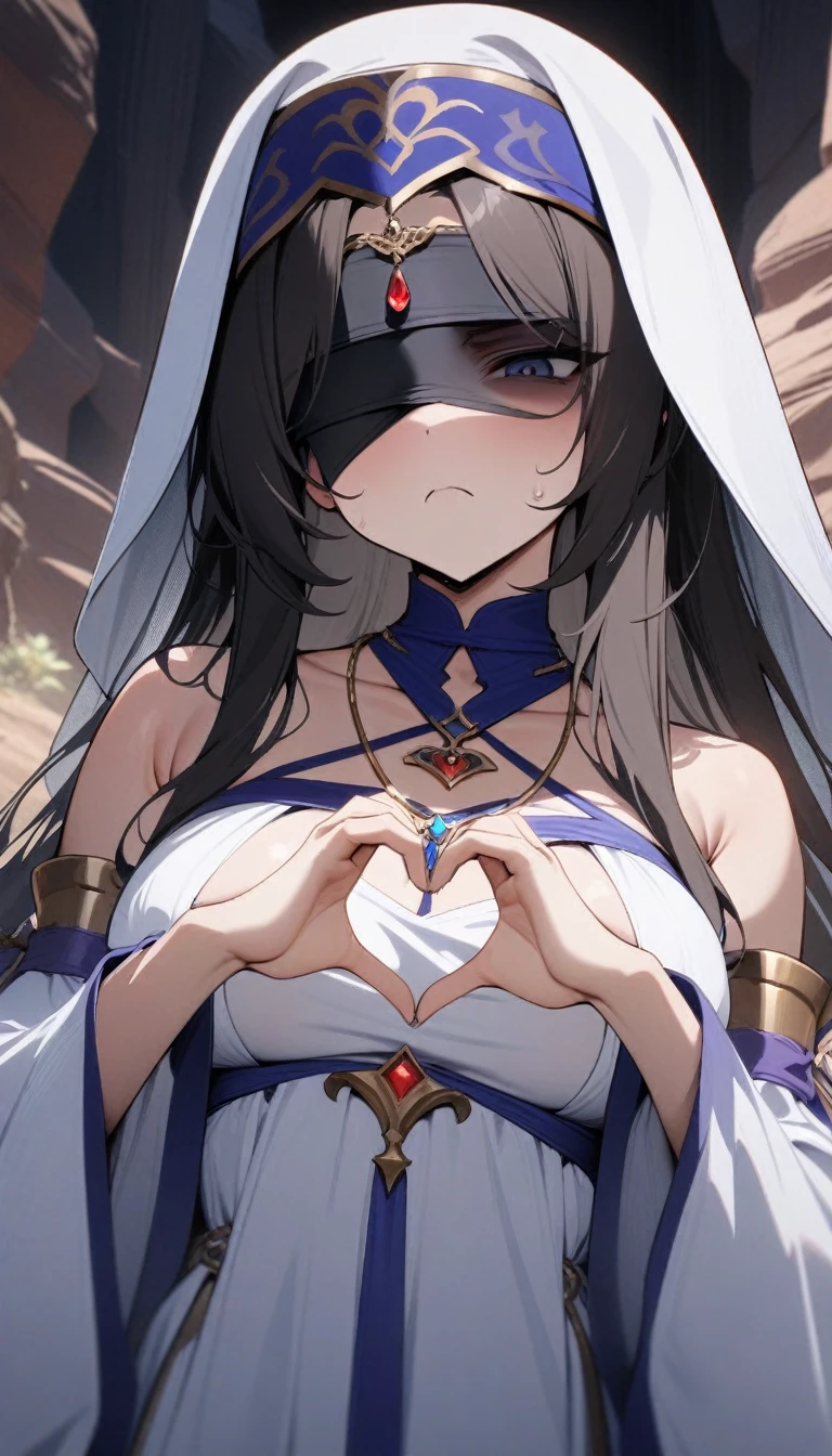 masterpiece, best quality, very aesthetic, absurdres, newest,1girl,upper body, (contempt, disgust,shaded face,looking at viewer,frown),heart-shaped gesture,,Sword Maiden, long hair, blindfold, dress, white dress, habit, jewelry, black blindfold, necklace, detached sleeves,in the canyon