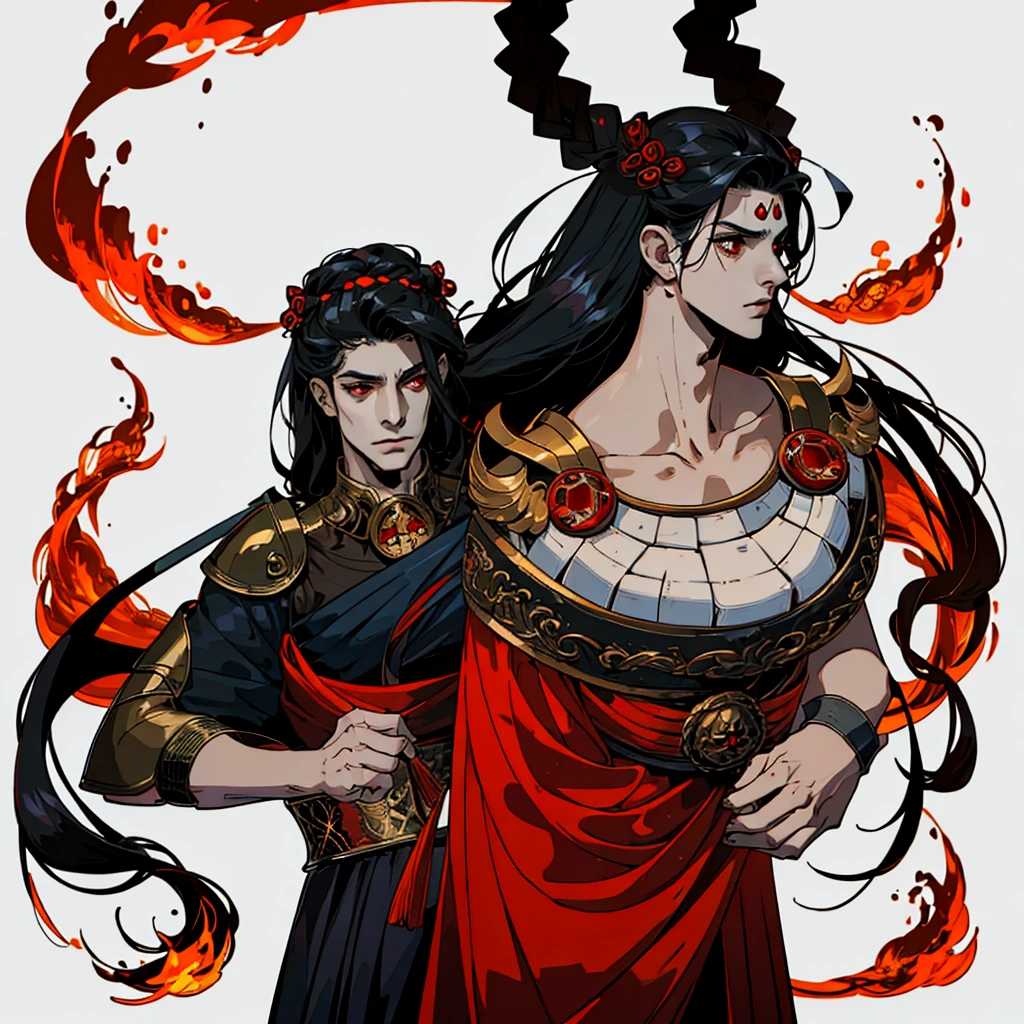 1girl, alone, 25 years old, grand, tall, black hair, red eyes, insister sur les reflets des yeux rouges, (high quality:2), cheveux noirs, long hair, boss, black outfit, black clothes, black pants, masculine clothes, masculine outfit, frowning, hades style, hades game, Jen zee style, greek themed image, greek background, thanatos, tartarus scenery, fumes, black clouds, greek columns in background, lots of columns, greek architecture, white themed image, white furniture, red touches of color, orange walls, looking at viewer, holding the stygian blade hades game wiki, hades, game, wiki, obols, stygius, Eris inspiration, Alecto, Charon, Hecate, Hades character, Meg, Megara, Megaera, Moros, Nemesis, armor, Nemesis armor, Tisiphone, character centered, focus on character