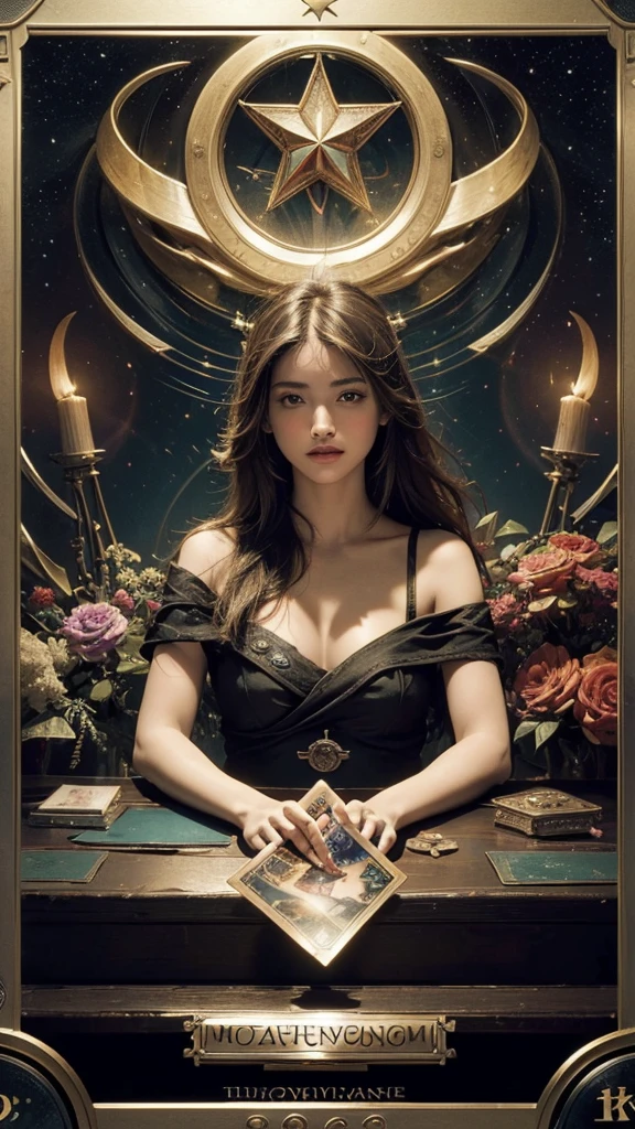 ((Best quality, 8 k, masterpiece: 1.3)), ((high dynamic range :1.4)), ultra detailed, very high color saturation, extremely detailed computer graphics, unity 8k wallpaper, (Very detailed), Super detailed, finely, A high resolution, Ultra detailed, ((tarot cards)), ((Major Arcana Star)), The Star Tarot Card Represents Hope and Inspiration, positive and faith, renewal and healing, but it can also mean hopelessness, despair, negative, lack of self-confidence