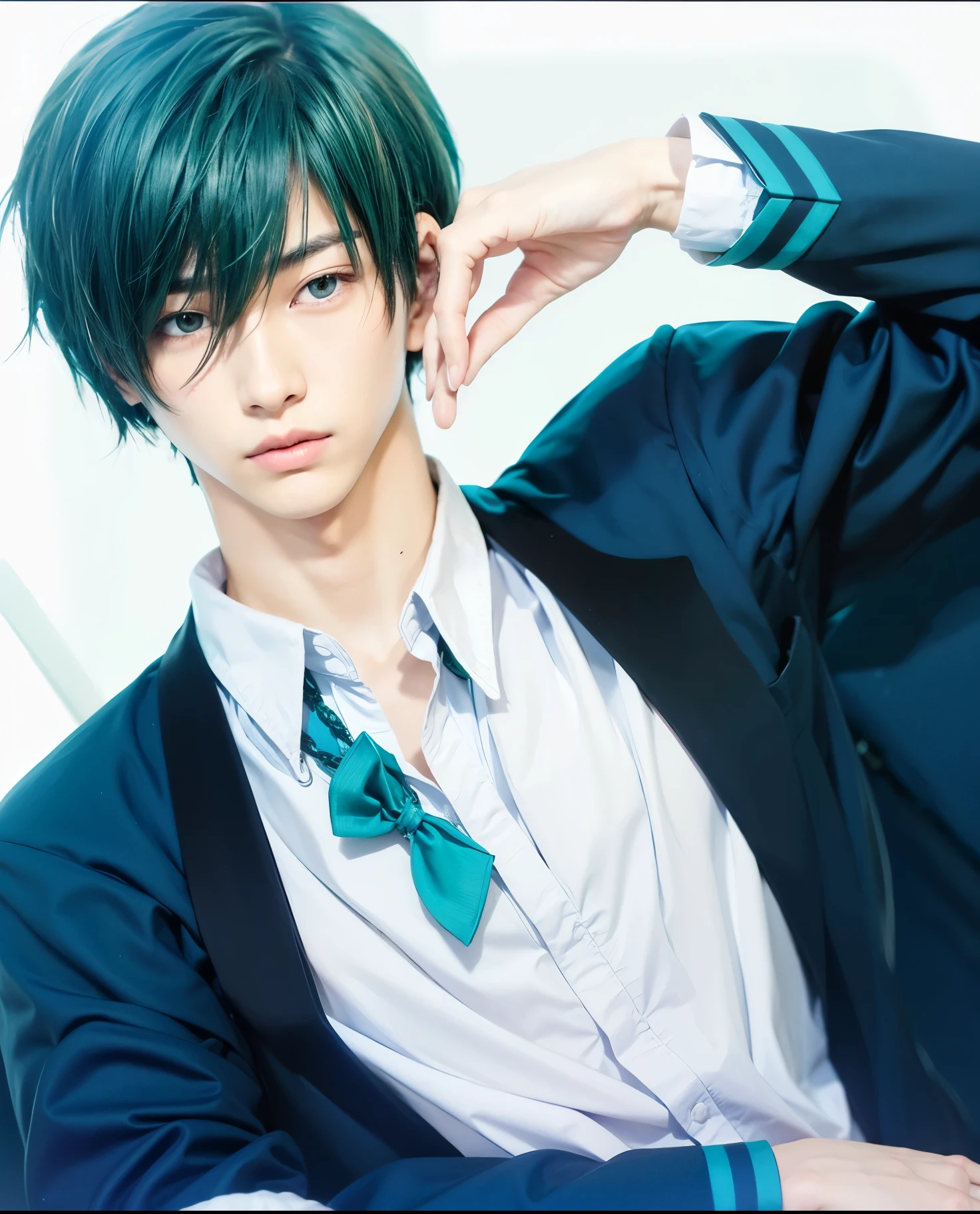 a realistic handsome looking japanese age boy, dark green hair, wearing an unbuttoned tuxedo, teal green eyes with long underlashes, slim yet muscular build, staring with a blank face, no marks on his skin