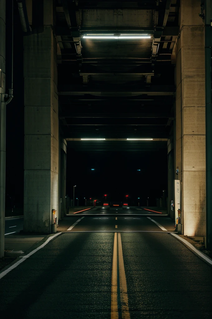 ((2 lane big road)), night, buildings on both sides