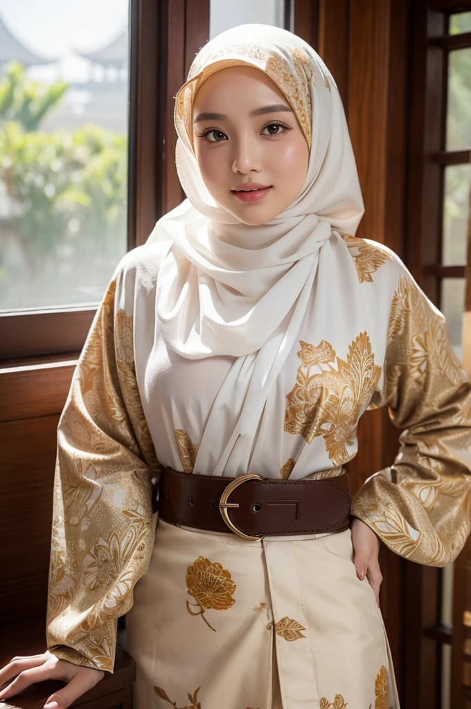 (((Beautiful girl wearing a hijab))),((traditional Javanese clothes)),(radiant face), BREAK, ((wearing hijab, brown hijab, floral motif)),((wearing white shirt, long sleeves)),((wearing sarong skirt, batik motif, brown color, long skirt, belt)), BREAK, (Background),((inside the house, in front of the window)),(Chinese style building),(beach),(realistic), (upper body), BREAK,