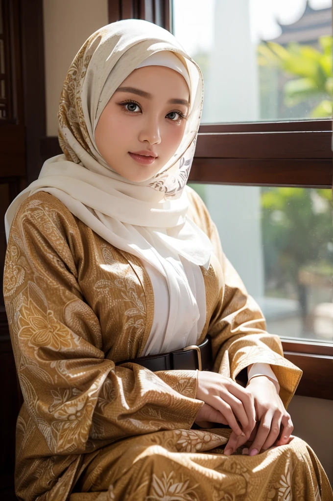 A radiant Malay woman, elegantly adorned in a hijab, gracefully poses for the image. The hijab, a delicate blend of traditional patterns and vibrant colors, beautifully frames her face, enhancing her natural beauty. Her skin, a rich caramel tone, glows with an inner radiance, further accentuated by the soft lighting. She adopts a modest yet captivating pose, her hands gently resting on her lap, exuding a serene and poised demeanor. The image, in its Best Quality, is a masutepiece, showcasing the ethereal beauty of the Malay woman in hijab, a sight to behold in 8K Wall