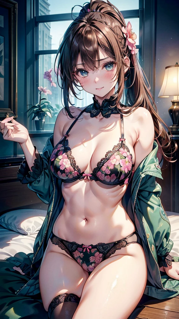 (((whole body))),(masterpiece:1.3, Highest quality, Ultra-high resolution, Super detailed), (Realistic, photoRealistic:1.4), Beautiful illustrations, Perfect lighting, colorful, Depth of written boundary, Beautiful detailed hair, Beautifully detailed face, Beautiful fine details, Beautiful clavicle, Beautiful body, Beautiful breasts, Beautiful thighs, Beautiful feet, Beautiful fingers, View your viewers, 1 girl, Perfect Face, (Perfect Anatomy, Anatomically correct), Cute and symmetrical face, Baby Face, , Shiny skin, (Brown Hair), Hair between the eyes, Dark green eyes, Droopy eyes, Big eyes, Long Eyelashes, (((Luxury underwear)))、((Pink floral underwear))),(bra、Embroidery pattern)、(((panties、Embroidery pattern)))、(Beautiful views), Bright lighting、smile、laughing,(((semen)))、(((whole bodyが見えている))) ,((City)),((morning))、(full body:1.3) ,(((ponytail)))