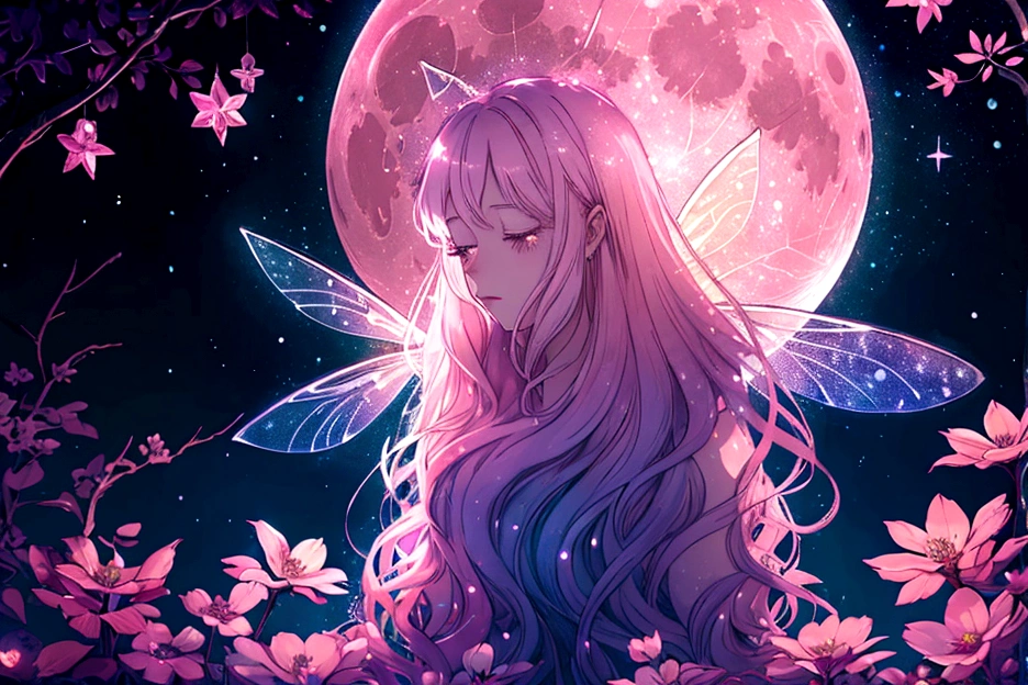 a fairy in a dreamlike night, whimsical fairytale background, dreamlike illustration, magical fairy background, pink moon, moonlit background, dreamy moonlit atmosphere, stars and moon themed, magical background, moon background, highly magical and dreamlike, magical dreamlike atmosphere, dreamlike art, dreamy detailed