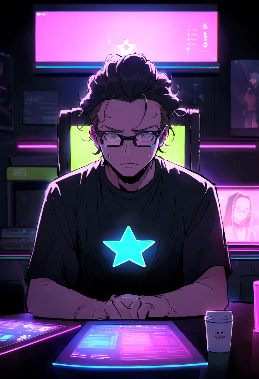 original, grand angle, In a bright caFe、A man wearing glasses is sitting in a chair in Front oF a Futuristic computer double screen., 30 ans,blanc Skin, cheveux noirs, cheveux ondulés,Cheveux mi-longs,SoFtware Development Engineer.,Typographie de l&#39;ours, barbe,T-shirt noir,pantalon noir,blanc, A coFFee cup is placed on the table., Displaying star inFormation, Matériel, environnement lumineux, Néon , ((Personnalités Cyberpunk))Facing Forward、wearing black Food,  assis à un bureau en marbre moderne, regardant la caméra , l&#39;homme porte un sweat à capuche gris foncé , Filmmaker neon blue background, scruFFy short brown hair, les mains sur la table ,grain de peau clair ,cinématique , chaud, soFt lighting ,FERMER PORTRAIT SOURIANT, objectif 24 mm,F/1.4, 9:16, in the style oF a disney pixar character typé arabe cheveux noir , bronzé.