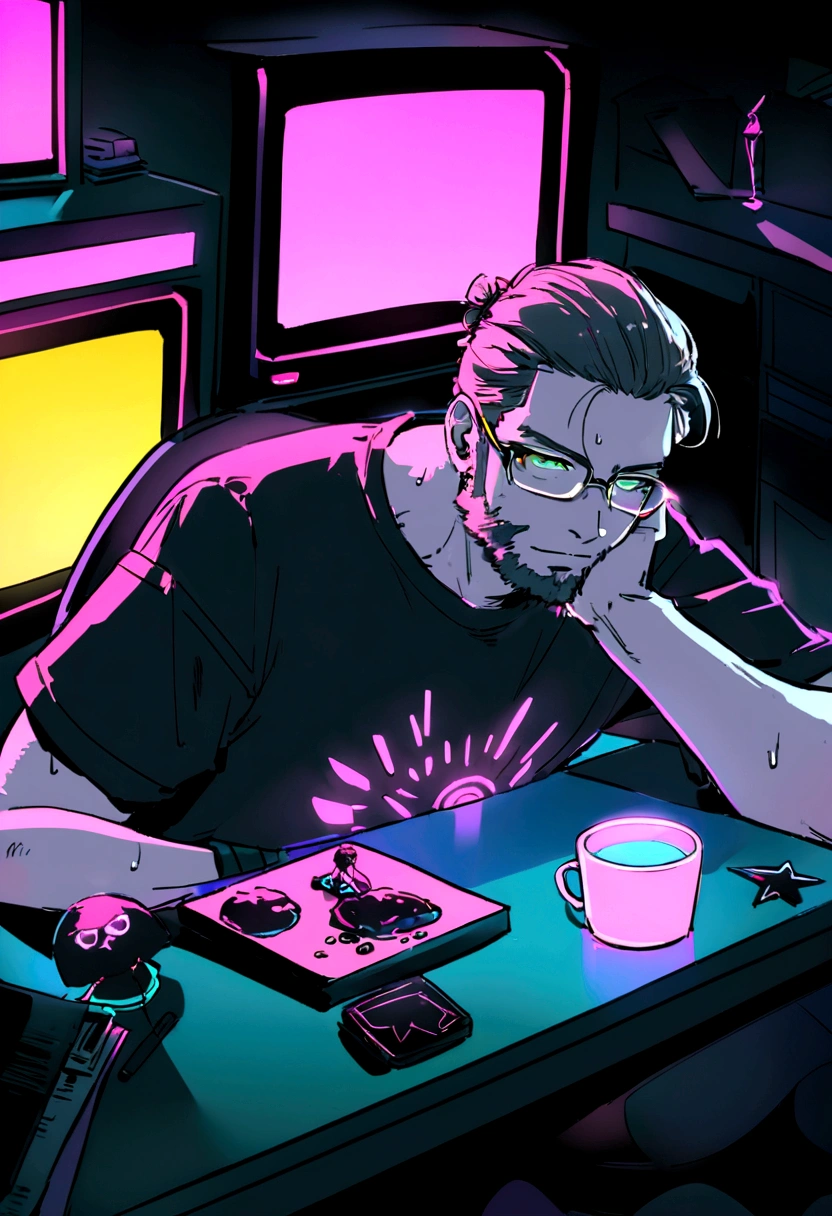 original, grand angle, In a bright caFe、A man wearing glasses is sitting in a chair in Front oF a Futuristic computer double screen., 30 ans,blanc Skin, cheveux noirs, cheveux ondulés,Cheveux mi-longs,SoFtware Development Engineer.,Typographie de l'ours, barbe,T-shirt noir,pantalon noir,blanc, A coFFee cup is placed on the table., Displaying star inFormation, Matériel, environnement lumineux, Néon , ((Personnalités Cyberpunk))Facing Forward、wearing black Food, assis à un bureau en marbre moderne, regardant la caméra , l'homme porte un sweat à capuche gris foncé , Filmmaker neon blue background, scruFFy short brown hair, les mains sur la table ,grain de peau clair ,cinématique , chaud, soFt lighting ,FERMER PORTRAIT SOURIANT, objectif 24 mm,F/1.4, 9:16, in the style oF a disney pixar character typé arabe cheveux noir , bronzé.